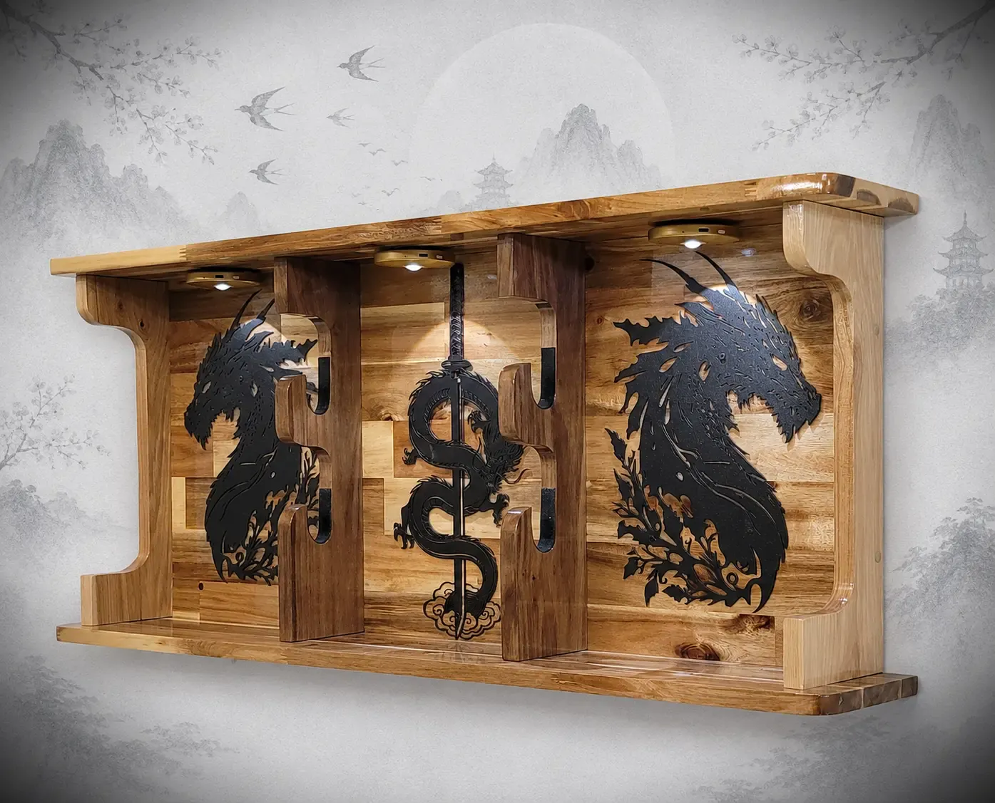 Walker Wood Gifts sword display 2 Tier Acacia Katana Sword Double Shelf Display Wall Rack Dragon Accents Japanese Dojo Gift