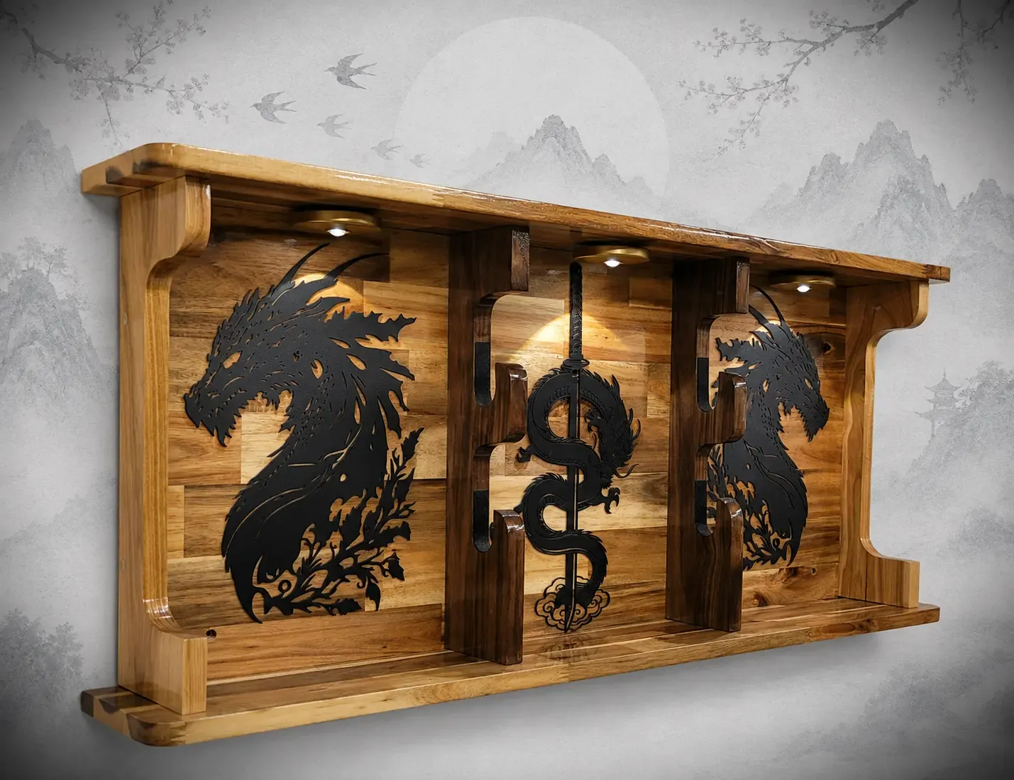 Walker Wood Gifts sword display 2 Tier Acacia Katana Sword Double Shelf Display Wall Rack Dragon Accents Japanese Dojo Gift
