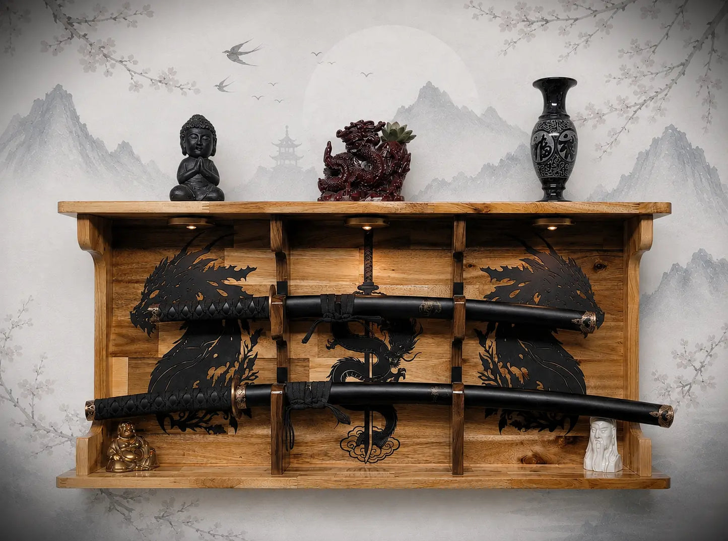 Walker Wood Gifts sword display 2 Tier Acacia Katana Sword Double Shelf Display Wall Rack Dragon Accents Japanese Dojo Gift