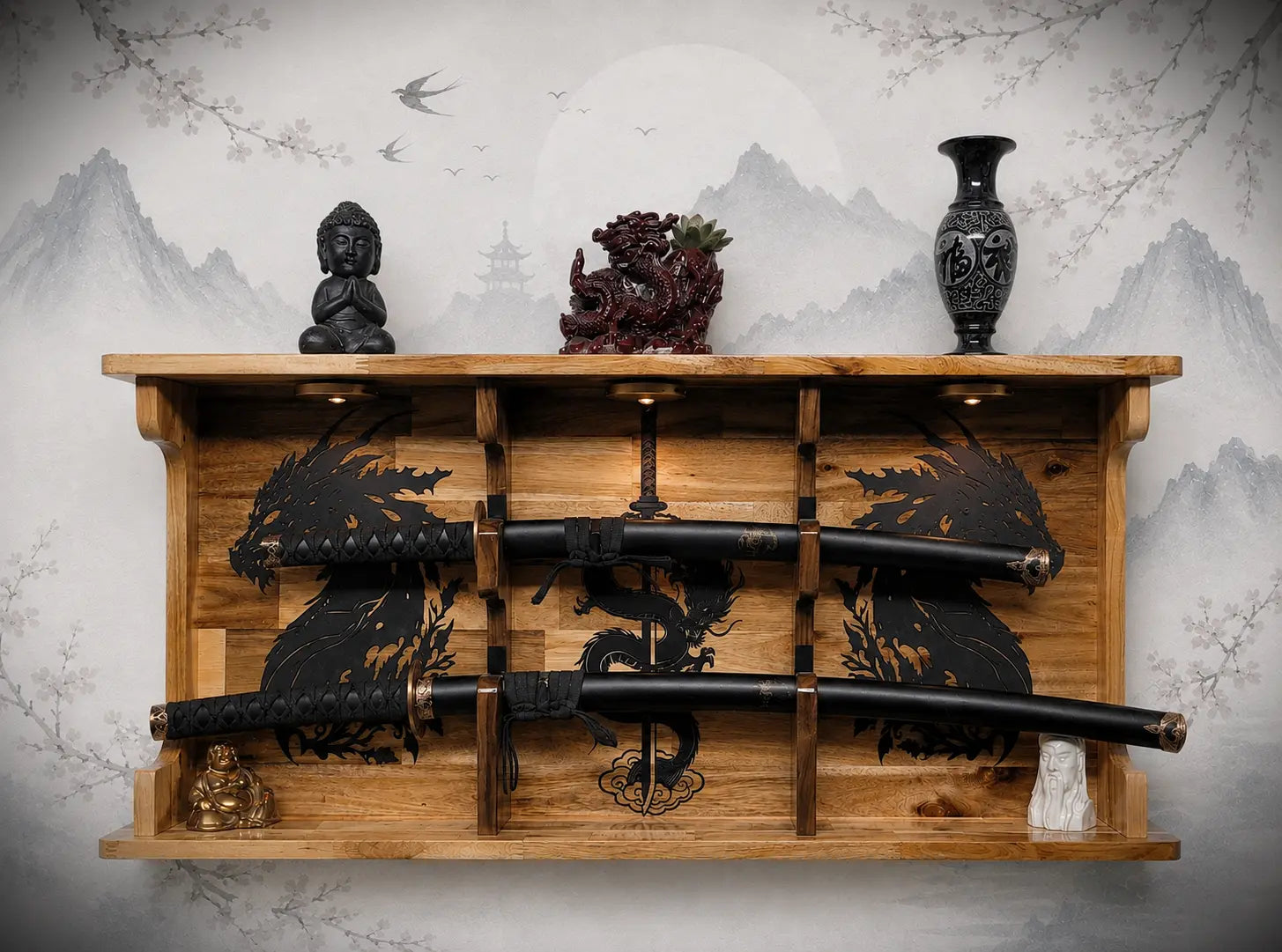 Walker Wood Gifts sword display 2 Tier Acacia Katana Sword Double Shelf Display Wall Rack Dragon Accents Japanese Dojo Gift