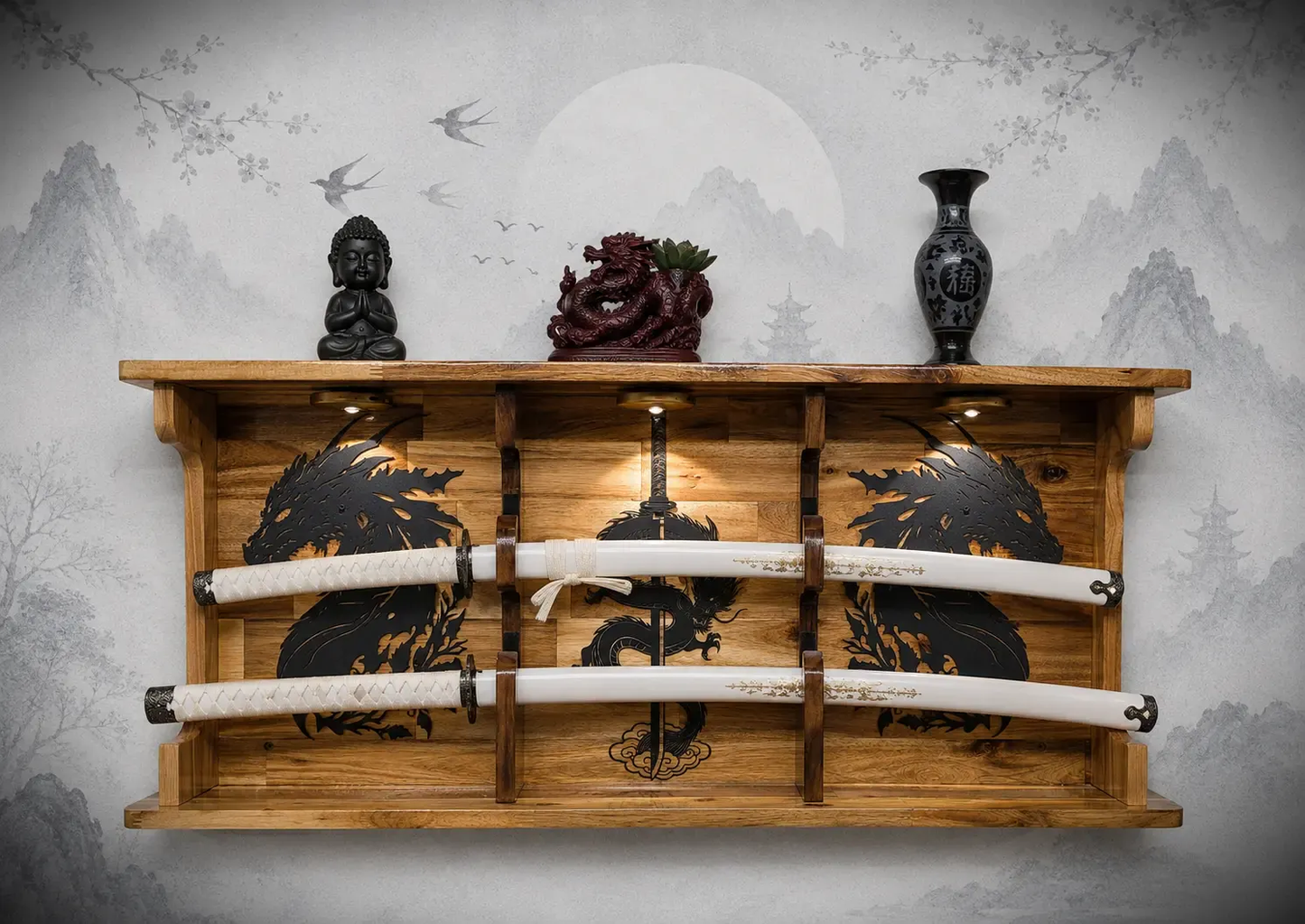 Walker Wood Gifts sword display 2 Tier Acacia Katana Sword Double Shelf Display Wall Rack Dragon Accents Japanese Dojo Gift
