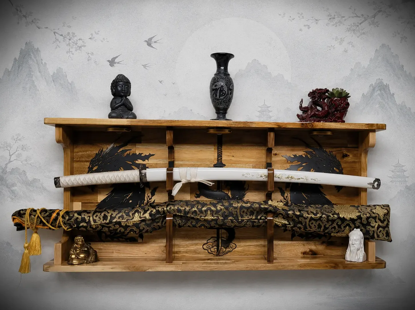 Walker Wood Gifts sword display 2 Tier Acacia Katana Sword Double Shelf Display Wall Rack Dragon Accents Japanese Dojo Gift