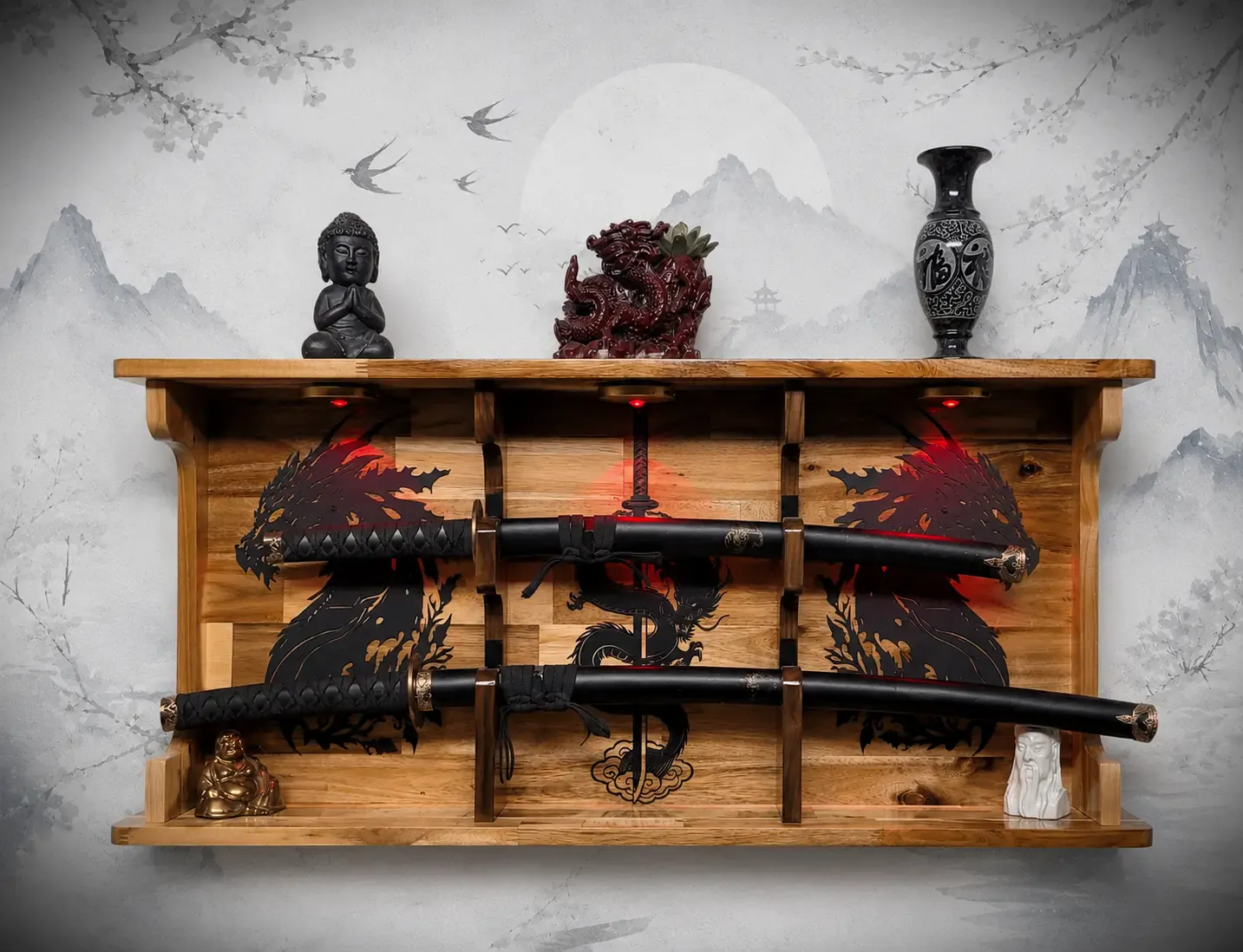 Walker Wood Gifts sword display 2 Tier Acacia Katana Sword Double Shelf Display Wall Rack Dragon Accents Japanese Dojo Gift