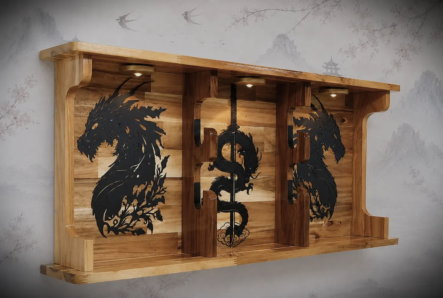 Walker Wood Gifts sword display 2 Tier Acacia Katana Sword Double Shelf Display Wall Rack Dragon Accents Japanese Dojo Gift