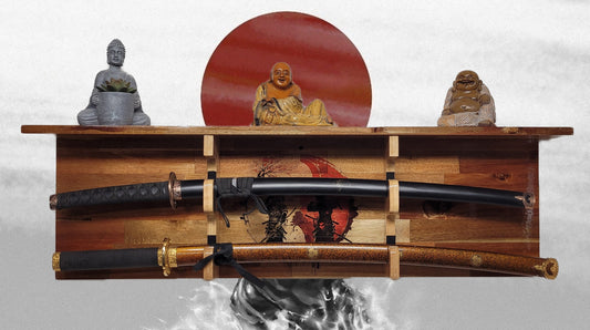 Walker Wood Gifts sword display 2-Tier Acacia Wall Display for Samurai Katana Deep Shelf Dojo Collectors Gift