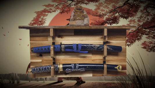 Walker Wood Gifts sword display 2 Tier Traditional Samurai Wall Display with Shelf Dojo Collectors Gift