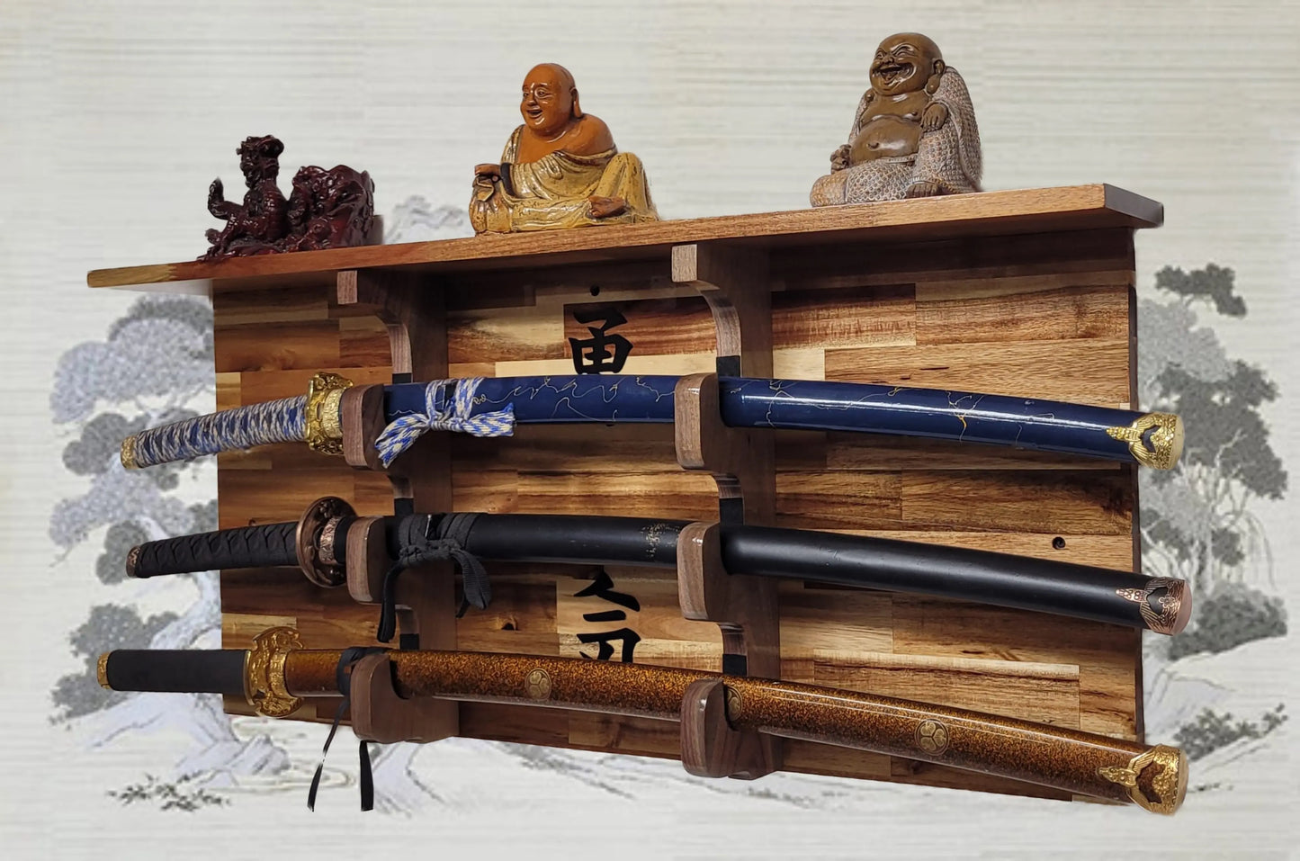 Walker Wood Gifts sword display 3-Tier Acacia Wall Display for Samurai Katana Deep Shelf Dojo Collectors Gift