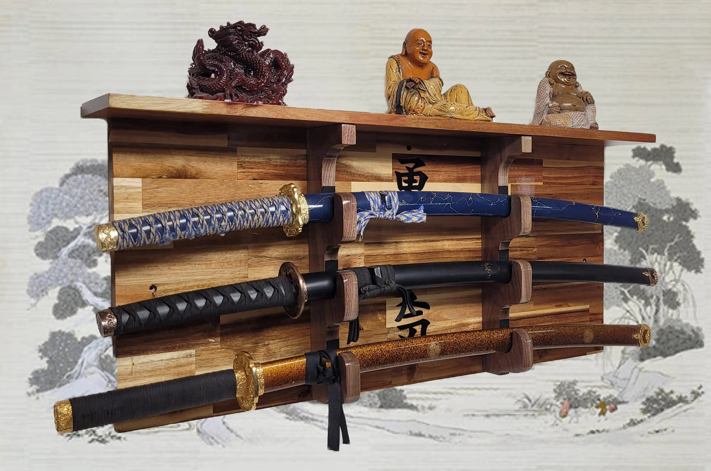 Walker Wood Gifts sword display 3-Tier Acacia Wall Display for Samurai Katana Deep Shelf Dojo Collectors Gift