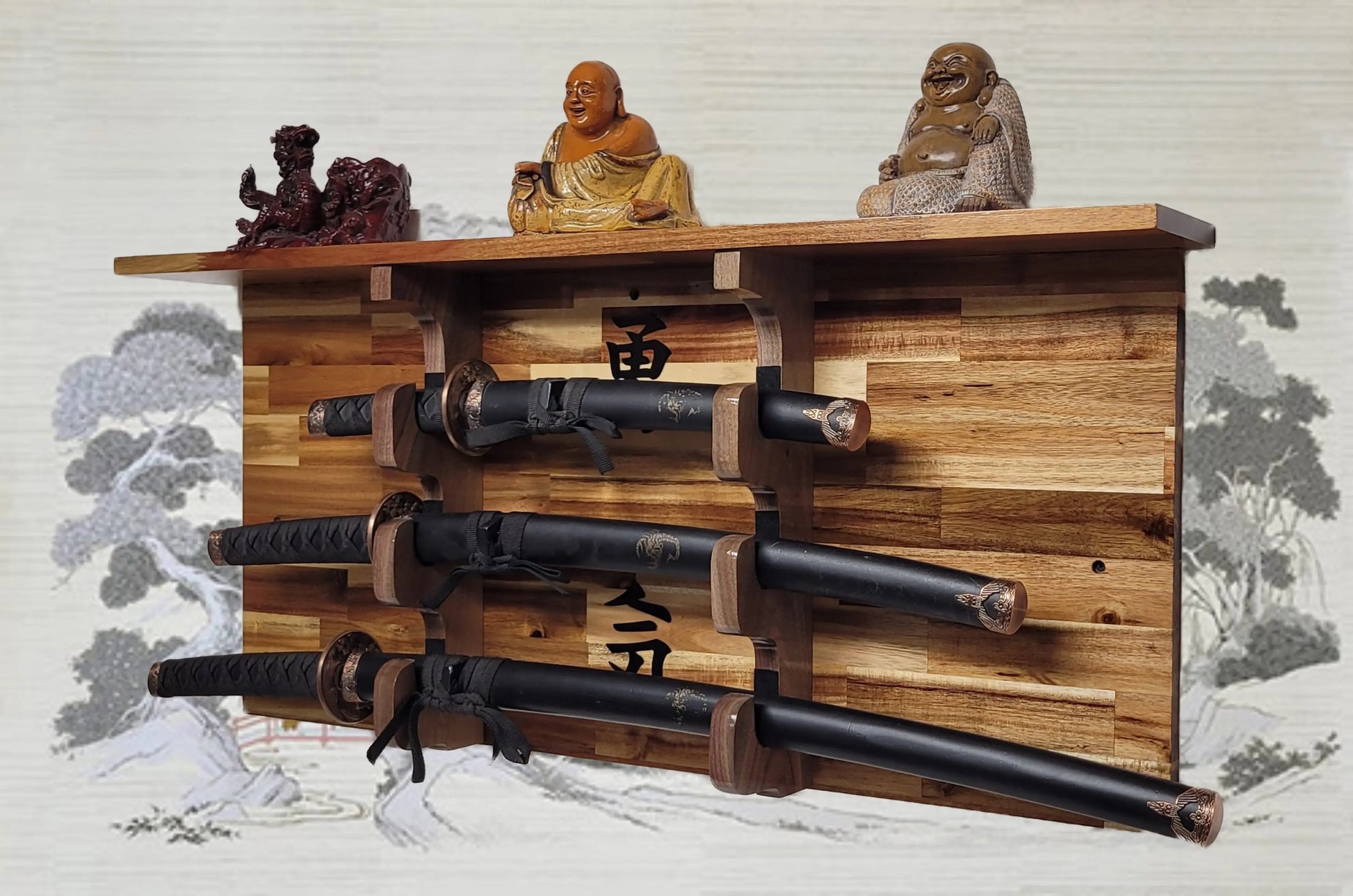 Walker Wood Gifts sword display 3-Tier Acacia Wall Display for Samurai Katana Deep Shelf Dojo Collectors Gift