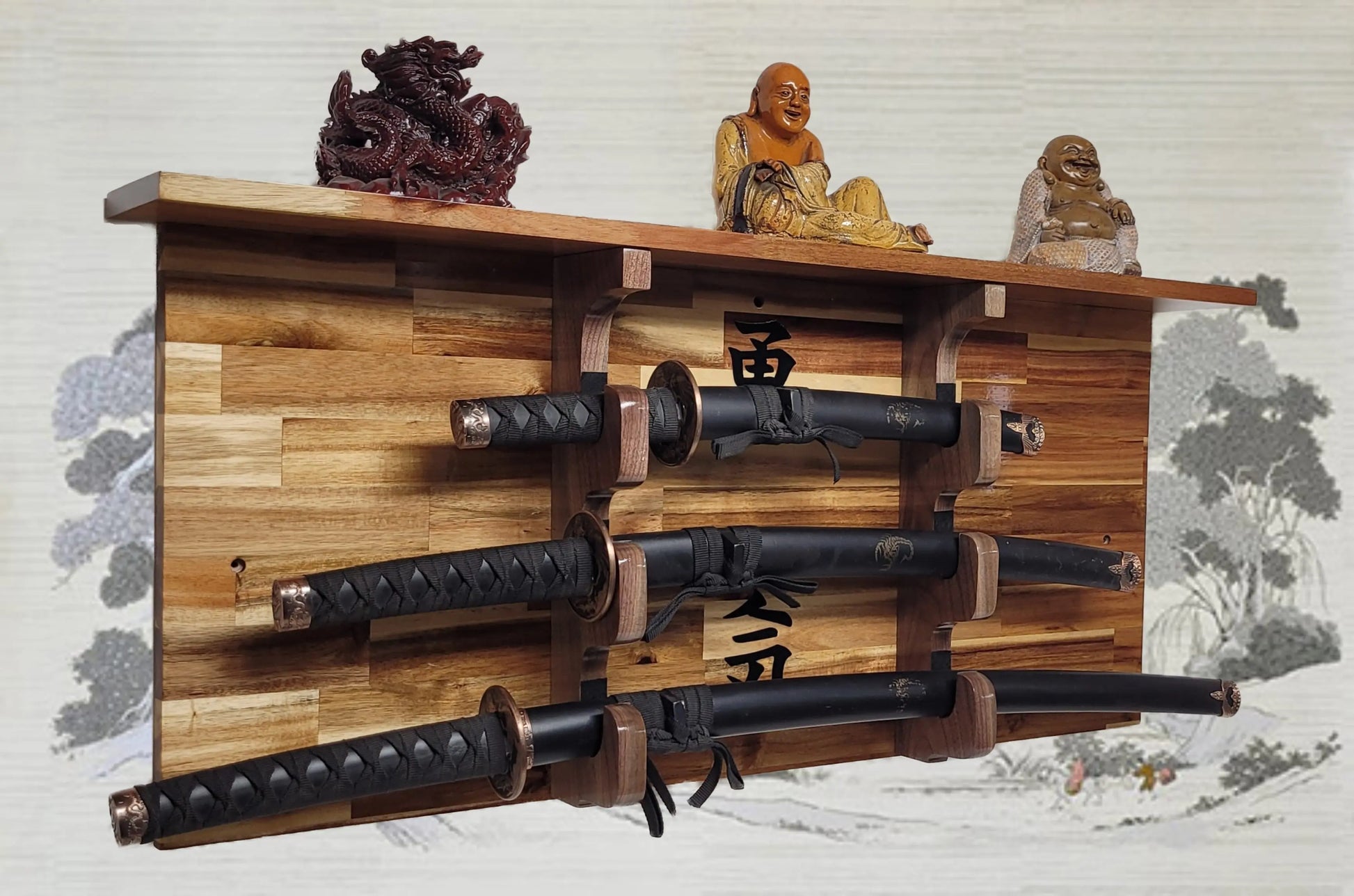 Walker Wood Gifts sword display 3-Tier Acacia Wall Display for Samurai Katana Deep Shelf Dojo Collectors Gift