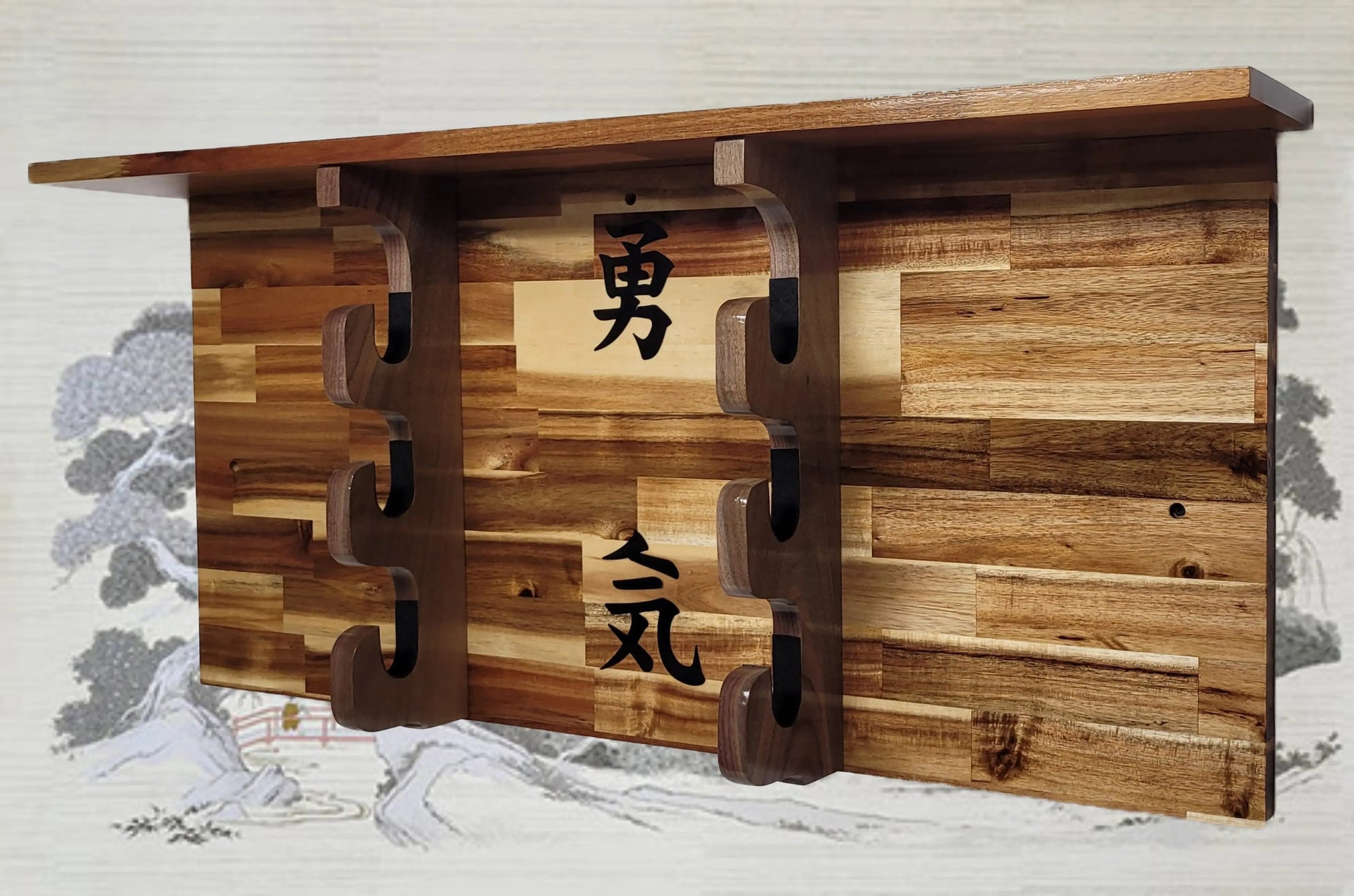 Walker Wood Gifts sword display 3-Tier Acacia Wall Display for Samurai Katana Deep Shelf Dojo Collectors Gift
