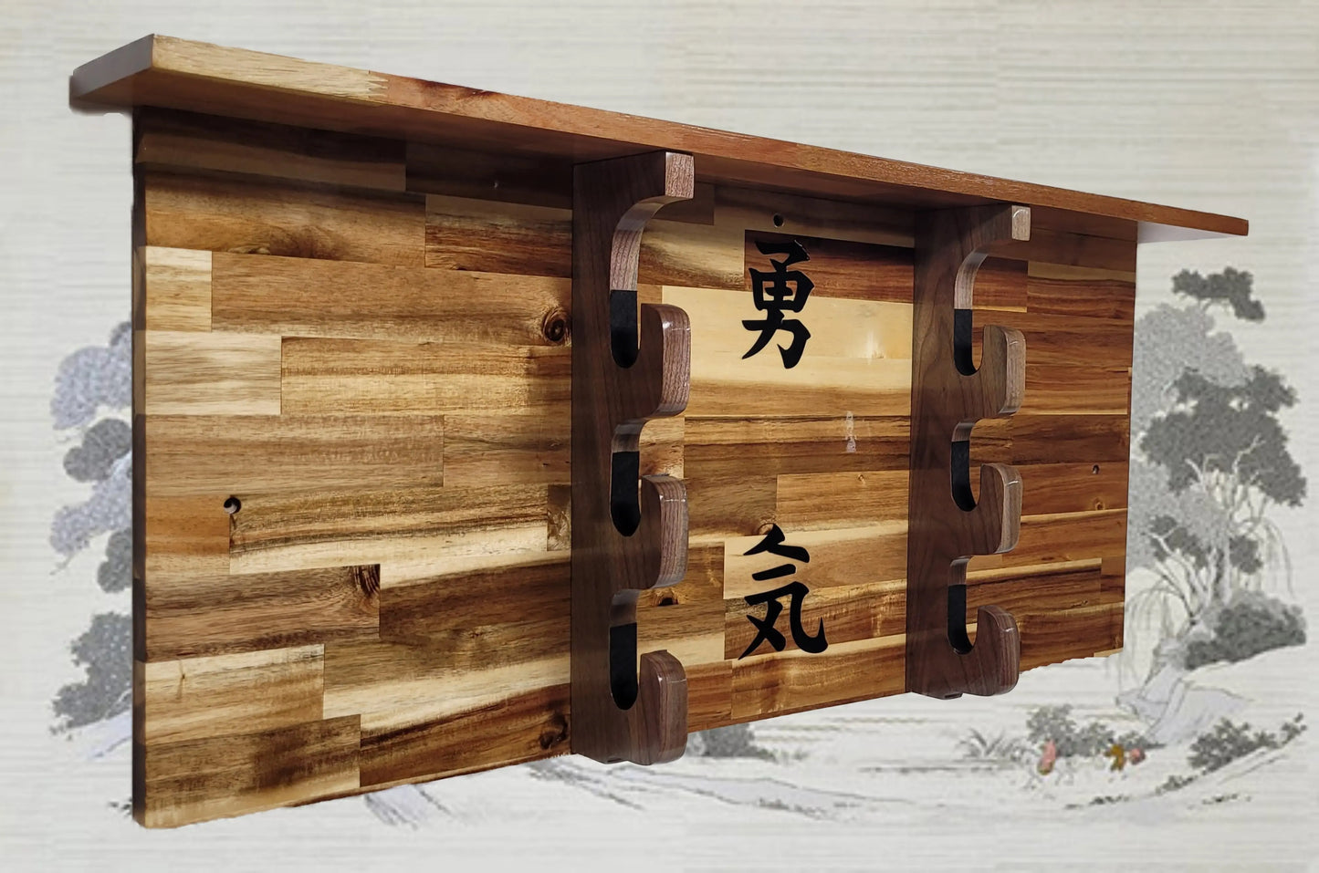Walker Wood Gifts sword display 3-Tier Acacia Wall Display for Samurai Katana Deep Shelf Dojo Collectors Gift