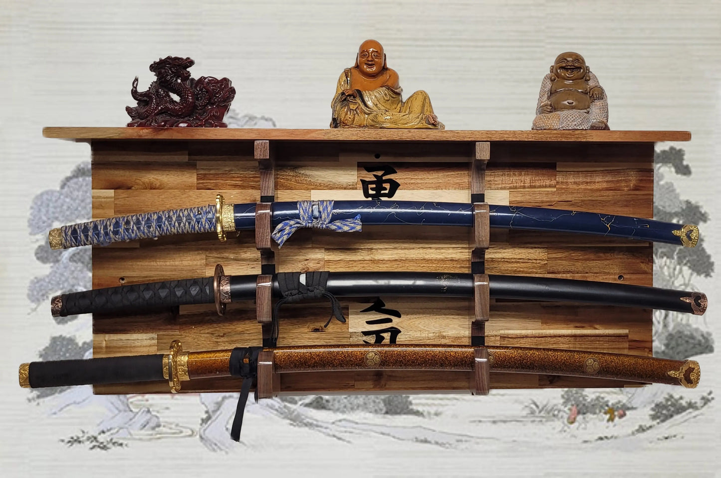 Walker Wood Gifts sword display 3-Tier Acacia Wall Display for Samurai Katana Deep Shelf Dojo Collectors Gift