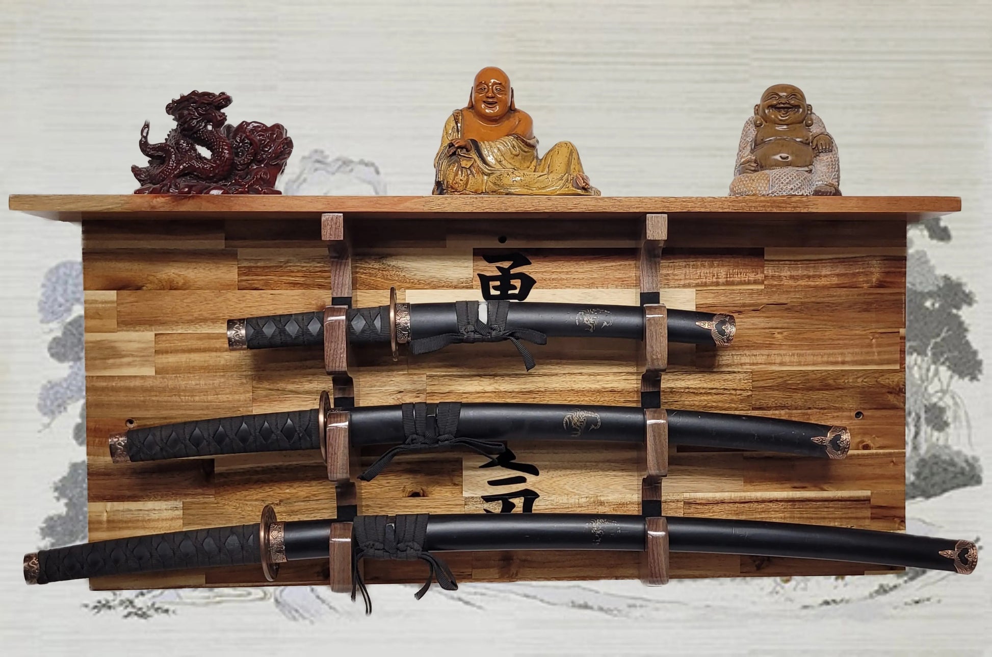 Walker Wood Gifts sword display 3-Tier Acacia Wall Display for Samurai Katana Deep Shelf Dojo Collectors Gift