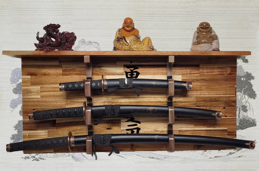 Walker Wood Gifts sword display 3-Tier Acacia Wall Display for Samurai Katana Deep Shelf Dojo Collectors Gift