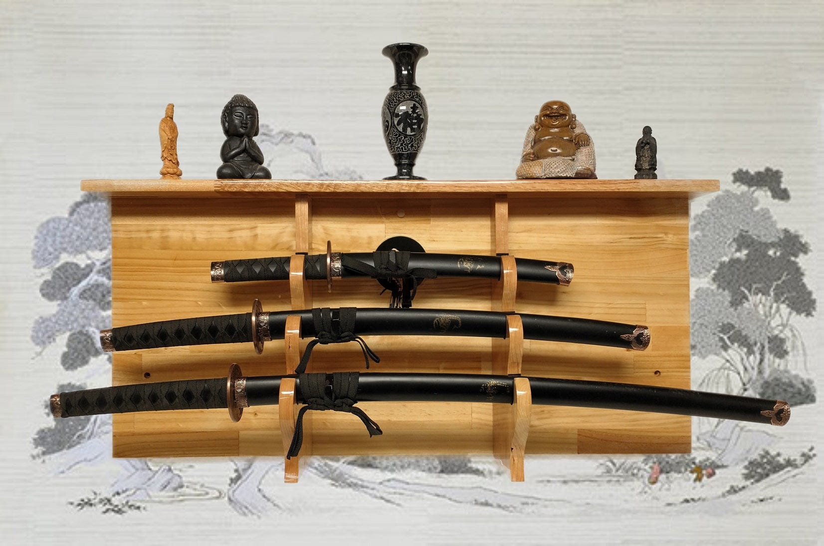 Walker Wood Gifts sword display Beautiful Golden 3-Tier Traditional Katana Sword Wall Display Shelf A Perfect Gift Ronin Samurai Collectors