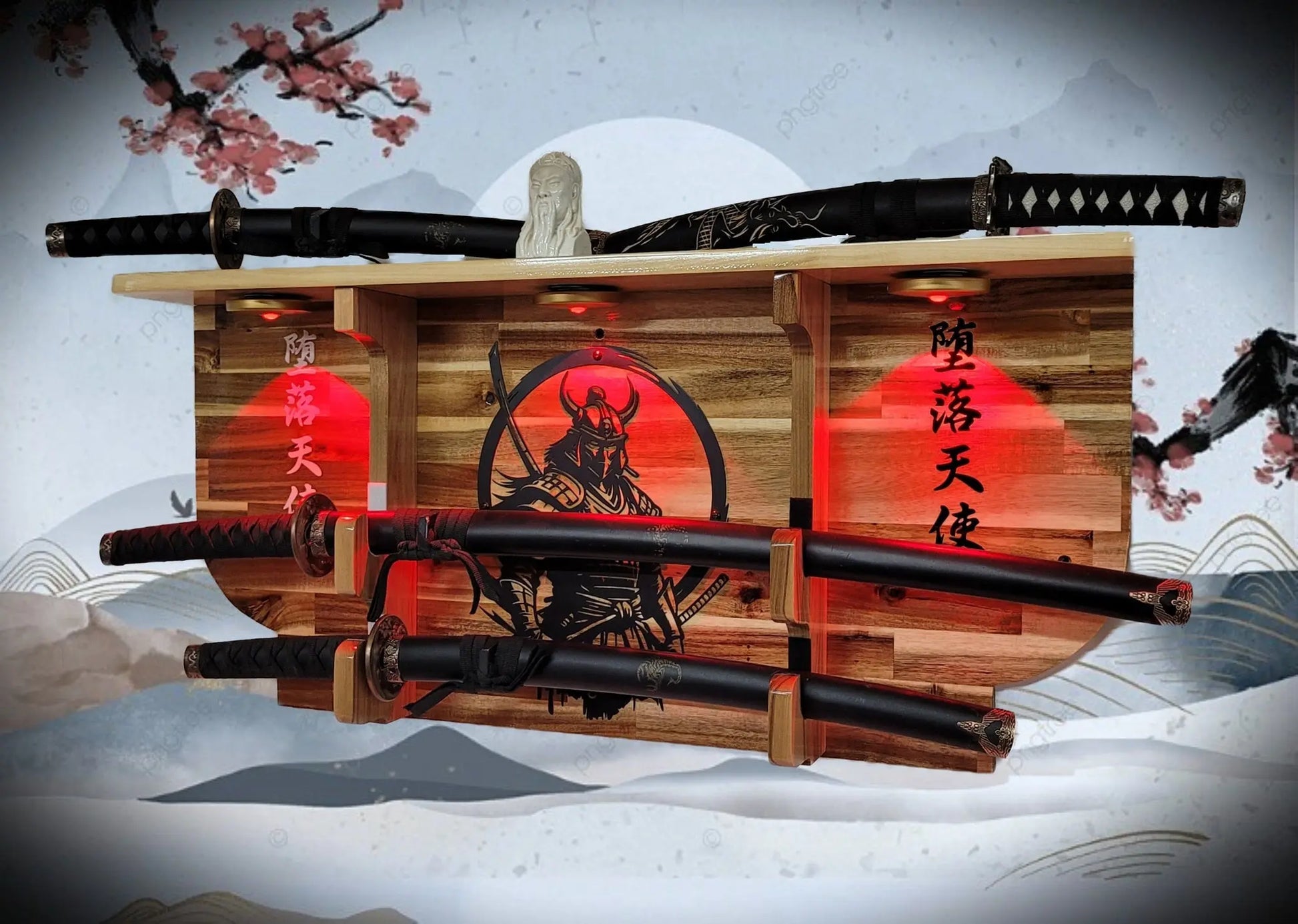 Walker Wood Gifts sword display Bushido Lighted 2-Tier Samurai Sword Display Katana Wall Shelf with LED Lights Warrior Armor Decor