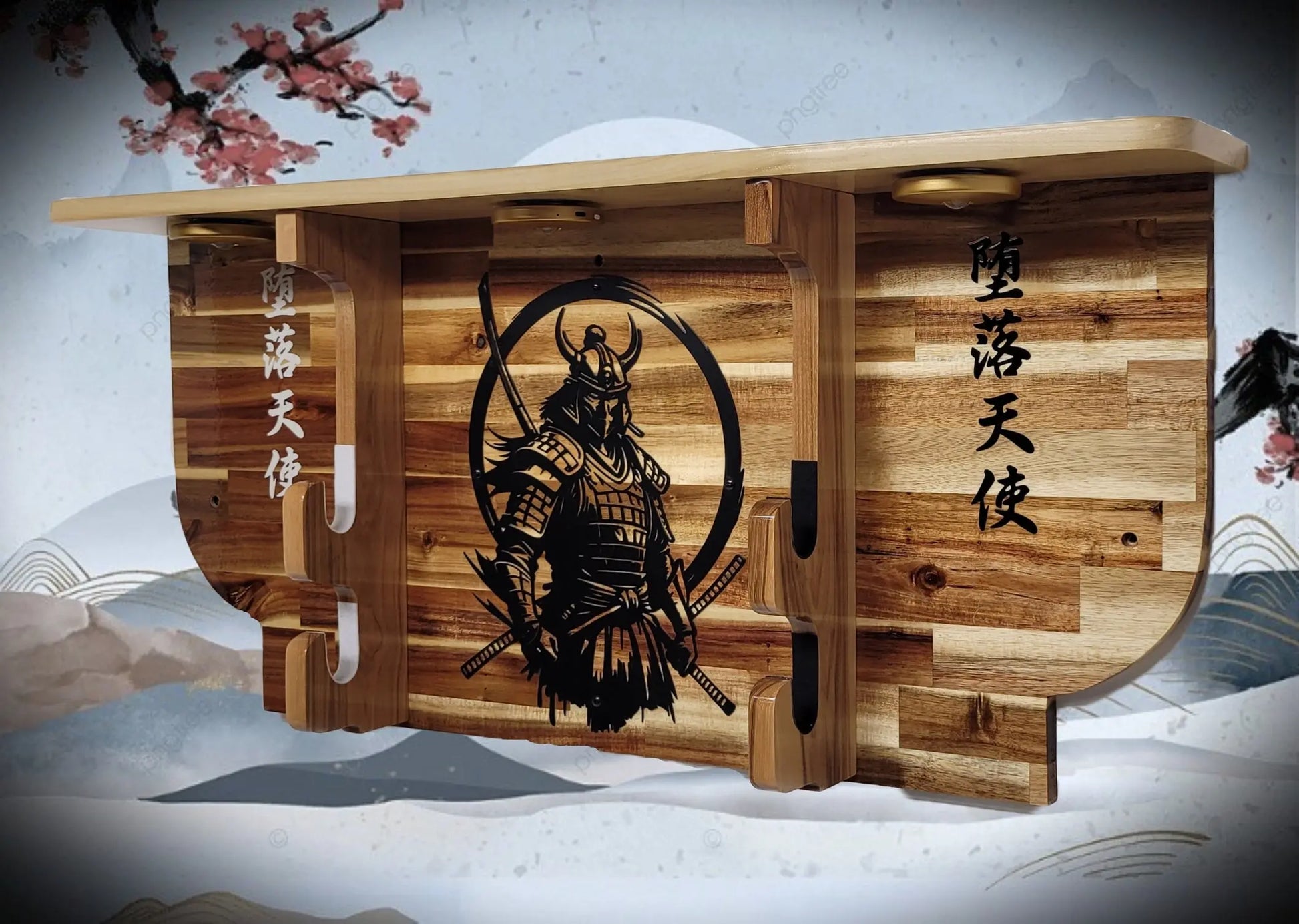 Walker Wood Gifts sword display Bushido Lighted 2-Tier Samurai Sword Display Katana Wall Shelf with LED Lights Warrior Armor Decor
