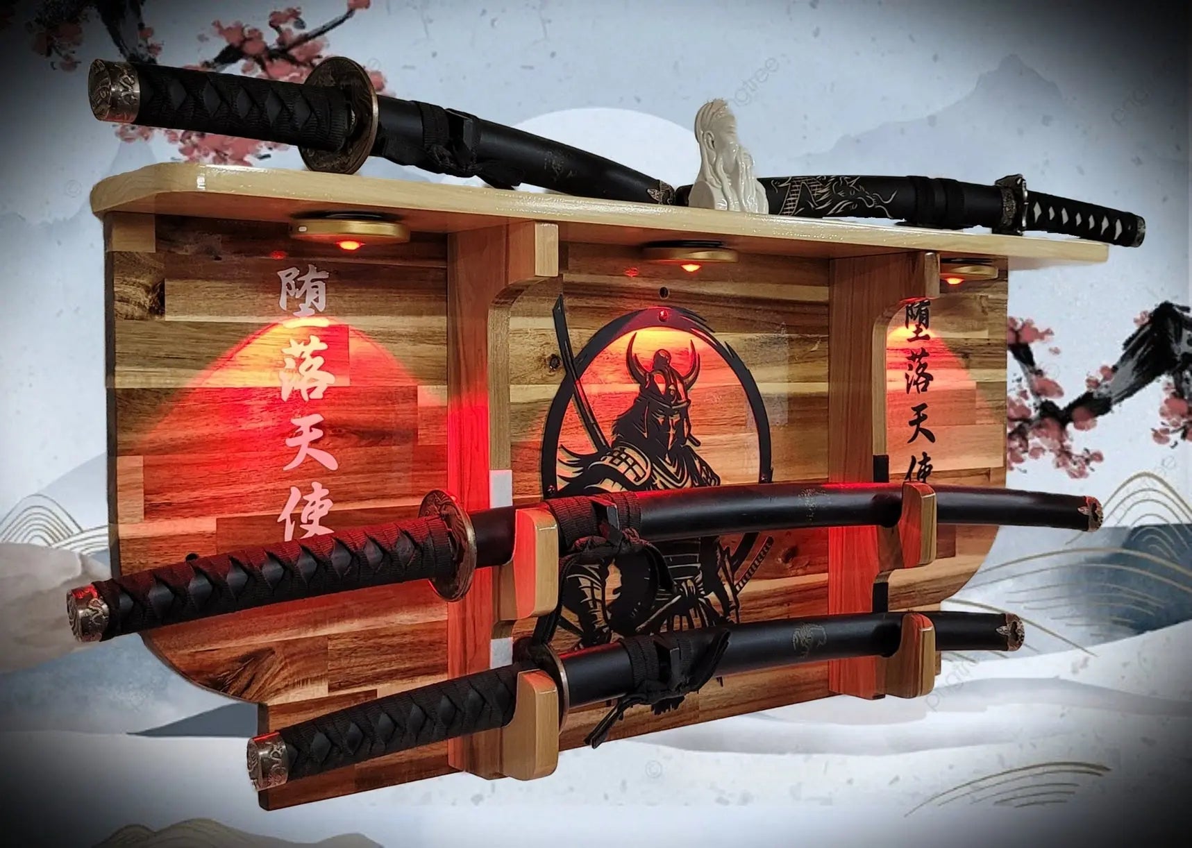Walker Wood Gifts sword display Bushido Lighted 2-Tier Samurai Sword Display Katana Wall Shelf with LED Lights Warrior Armor Decor