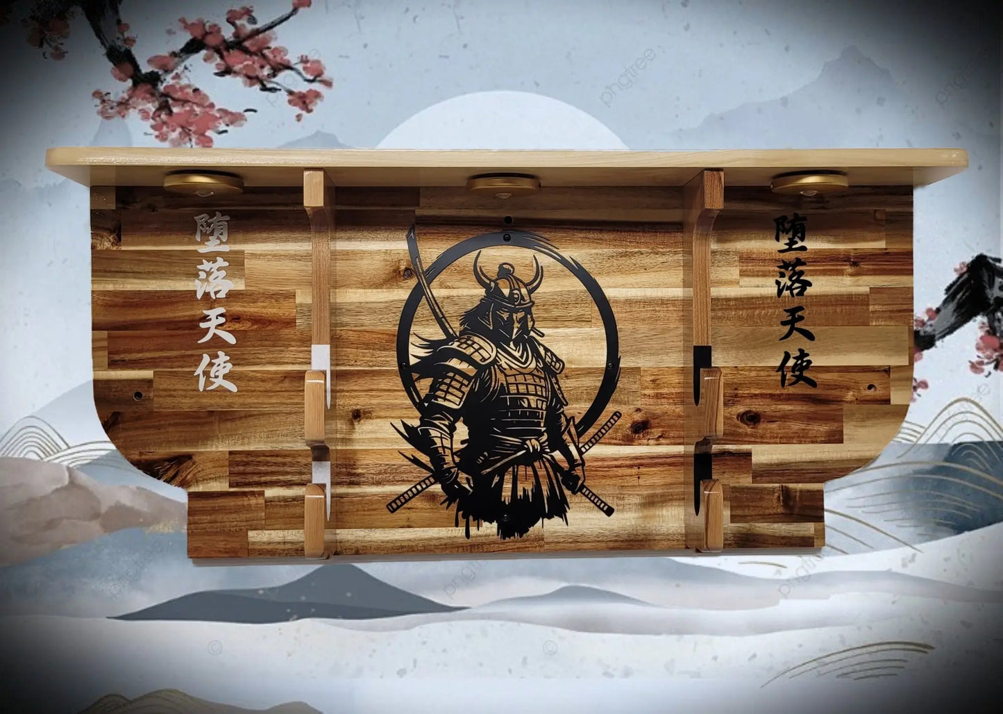 Walker Wood Gifts sword display Bushido Lighted 2-Tier Samurai Sword Display Katana Wall Shelf with LED Lights Warrior Armor Decor