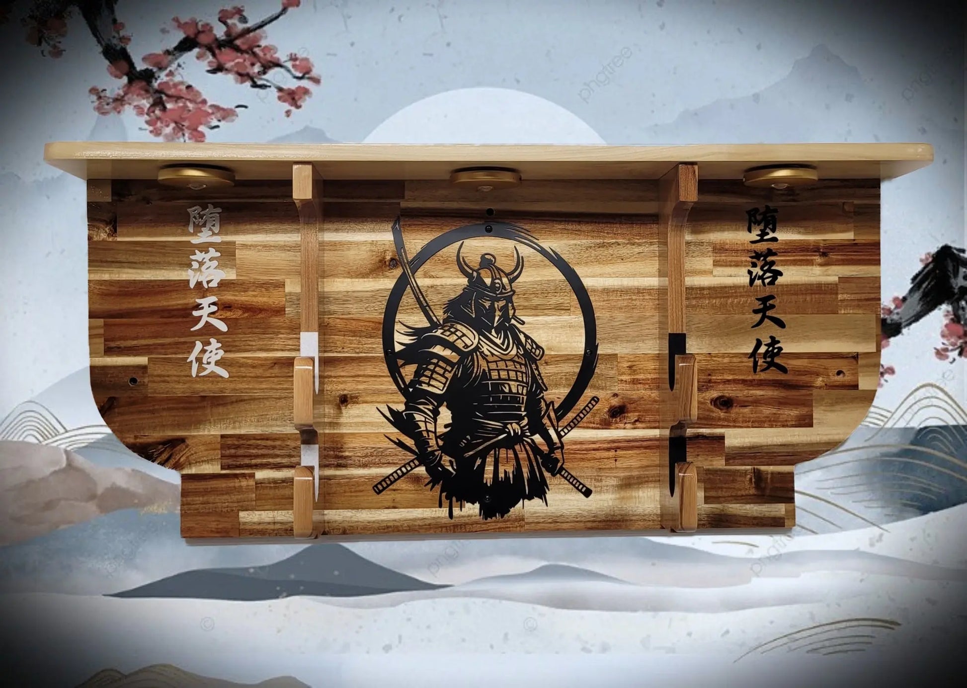 Walker Wood Gifts sword display Bushido Lighted 2-Tier Samurai Sword Display Katana Wall Shelf with LED Lights Warrior Armor Decor