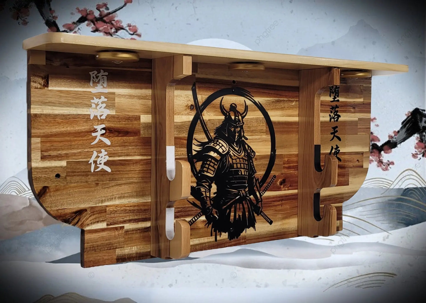 Walker Wood Gifts sword display Bushido Lighted 2-Tier Samurai Sword Display Katana Wall Shelf with LED Lights Warrior Armor Decor
