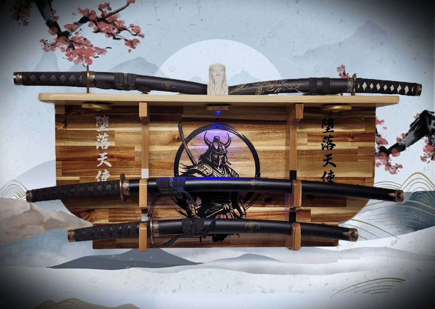Walker Wood Gifts sword display Bushido Lighted 2-Tier Samurai Sword Display Katana Wall Shelf with LED Lights Warrior Armor Decor