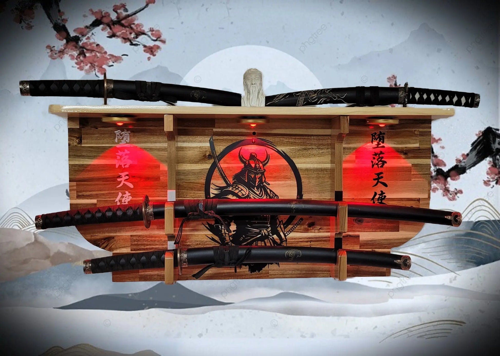 Walker Wood Gifts sword display Bushido Lighted 2-Tier Samurai Sword Display Katana Wall Shelf with LED Lights Warrior Armor Decor