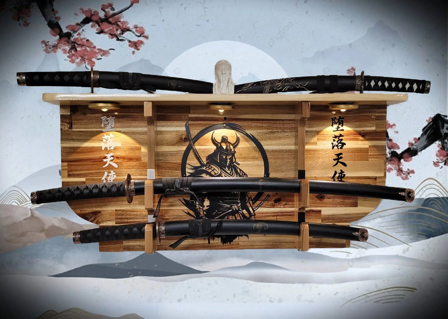 Walker Wood Gifts sword display Bushido Lighted 2-Tier Samurai Sword Display Katana Wall Shelf with LED Lights Warrior Armor Decor