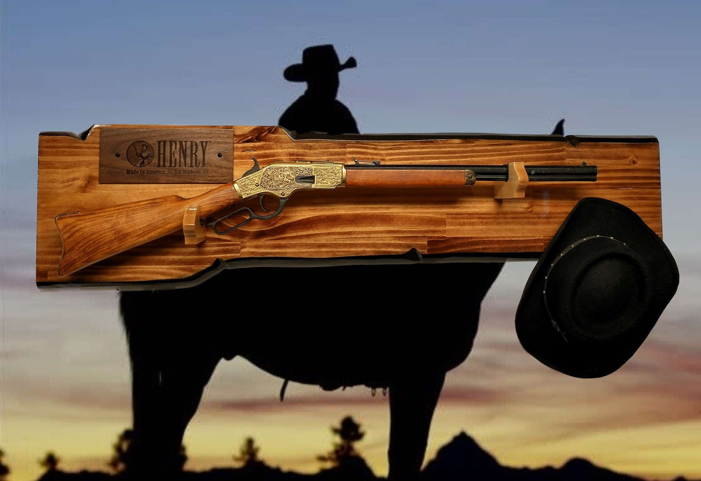 Walker Wood Gifts sword display Lever Action Rustic Henry Gun Rack Display Rifle Faux Live Edge Knotty Pine Cabin Décor Collectors Gift
