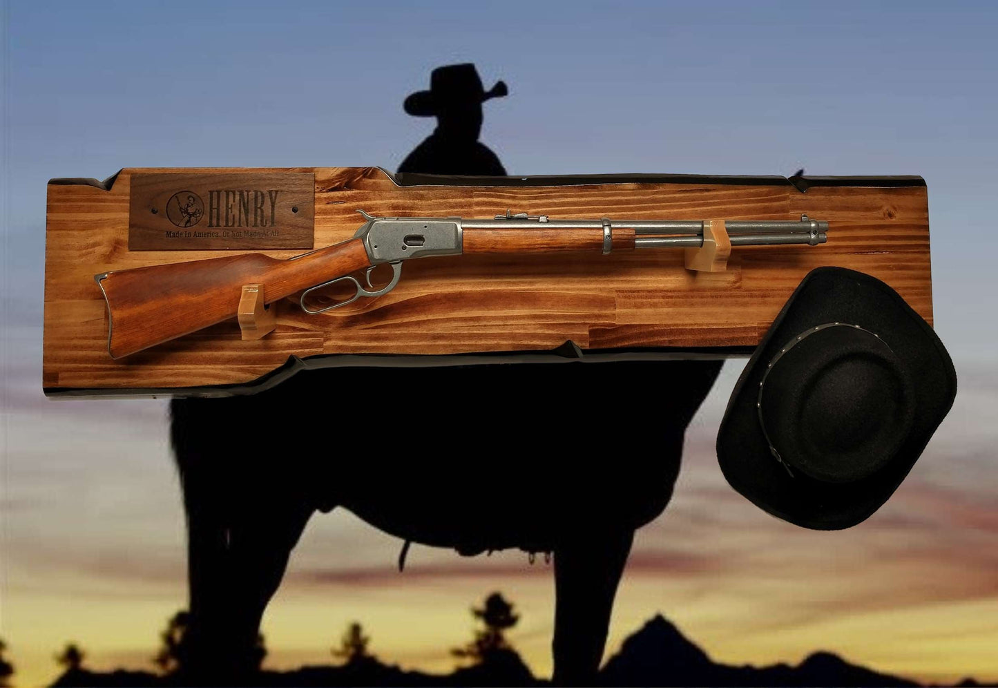 Walker Wood Gifts sword display Lever Action Rustic Henry Gun Rack Display Rifle Faux Live Edge Knotty Pine Cabin Décor Collectors Gift