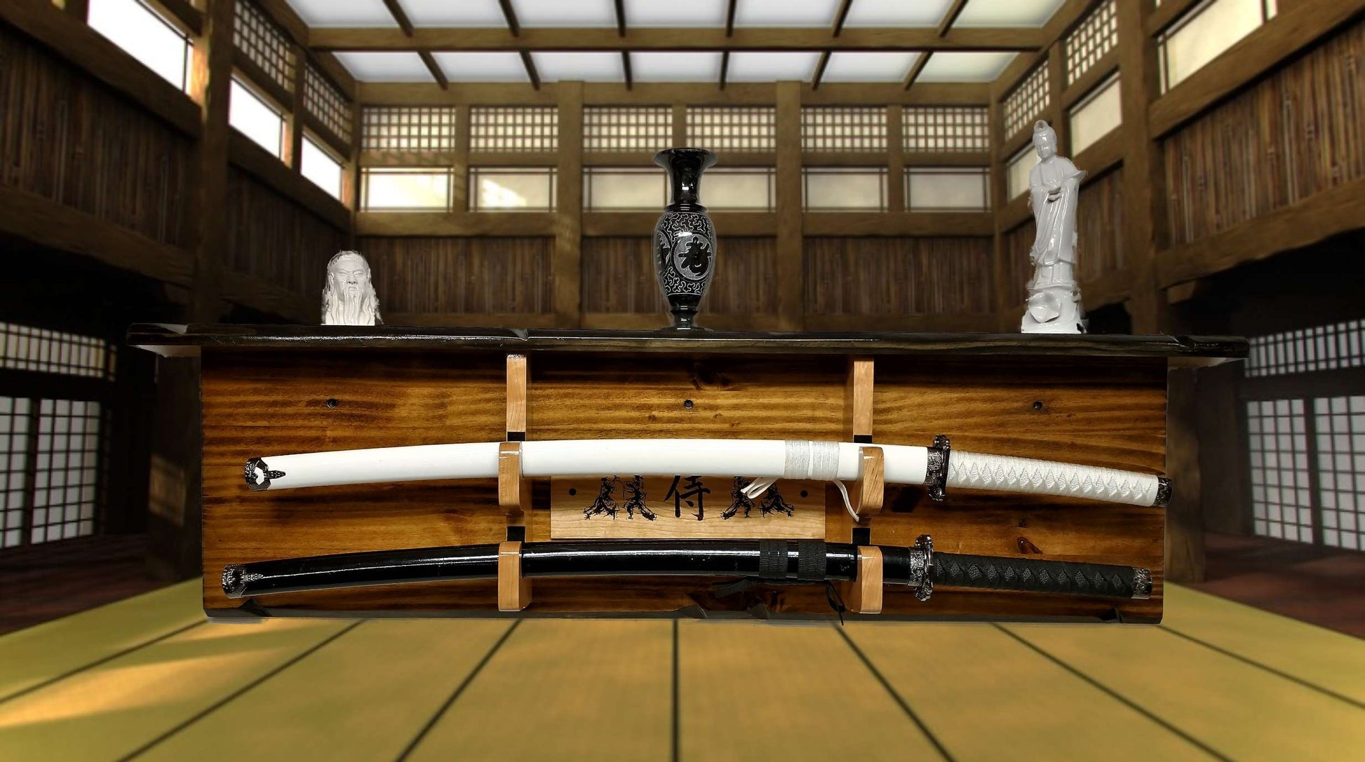 Walker Wood Gifts sword display Rustic Katana Sword Wall Display 2 Tier With Shelf Bushido Kanji Code Martial Arts Collectors Gift