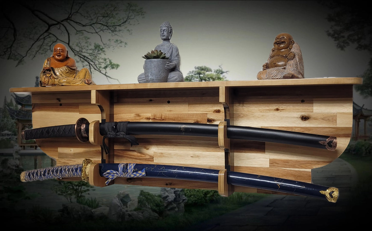 Walker Wood Gifts sword display Traditional 2 Tier Acacia Katana Wall Display Deep Shelf Dojo Collectors Gift