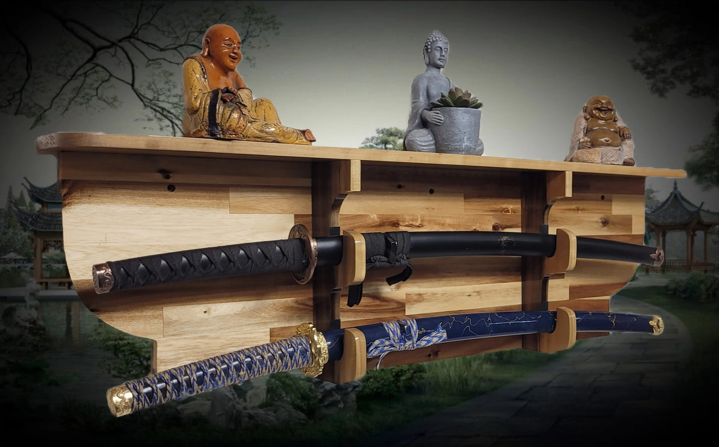 Walker Wood Gifts sword display Traditional 2 Tier Acacia Katana Wall Display Deep Shelf Dojo Collectors Gift