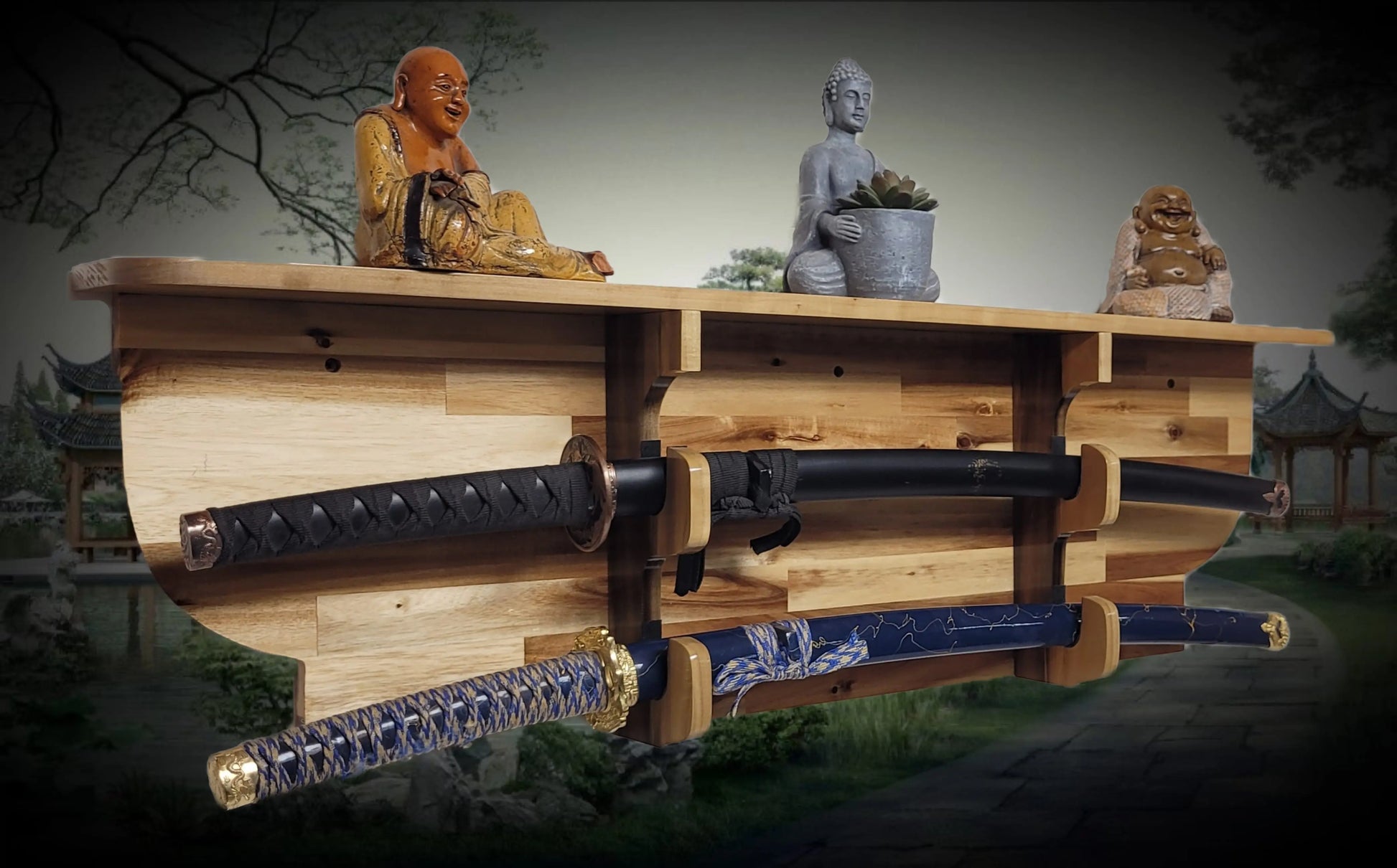 Walker Wood Gifts sword display Traditional 2 Tier Acacia Katana Wall Display Deep Shelf Dojo Collectors Gift