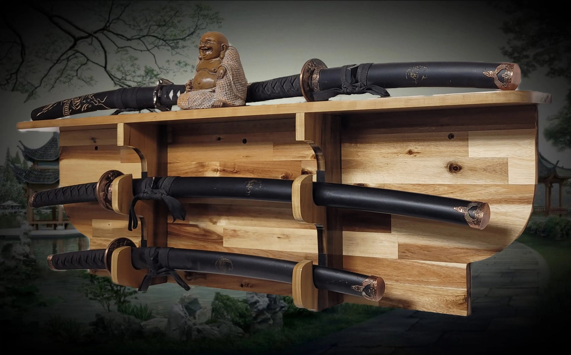 Walker Wood Gifts sword display Traditional 2 Tier Acacia Katana Wall Display Deep Shelf Dojo Collectors Gift