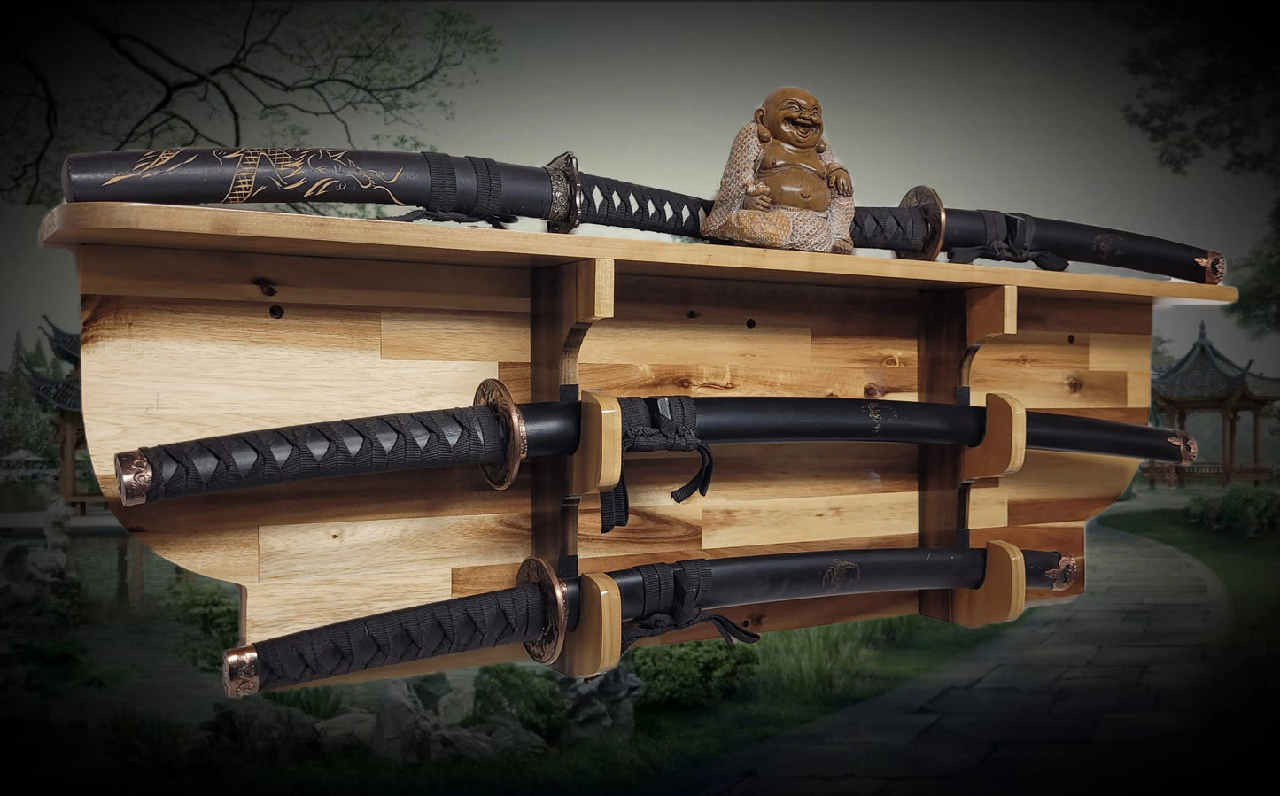 Walker Wood Gifts sword display Traditional 2 Tier Acacia Katana Wall Display Deep Shelf Dojo Collectors Gift