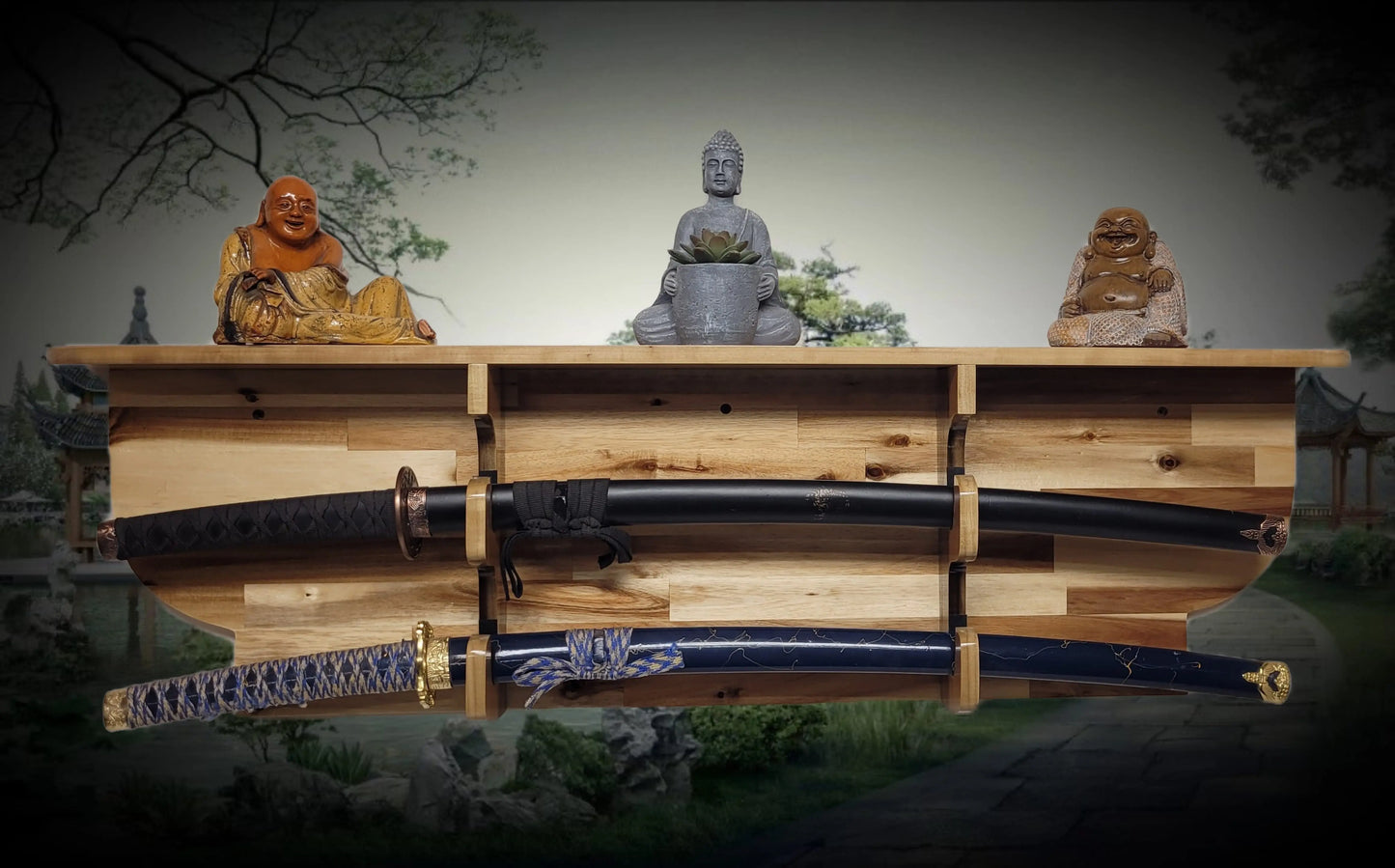 Walker Wood Gifts sword display Traditional 2 Tier Acacia Katana Wall Display Deep Shelf Dojo Collectors Gift