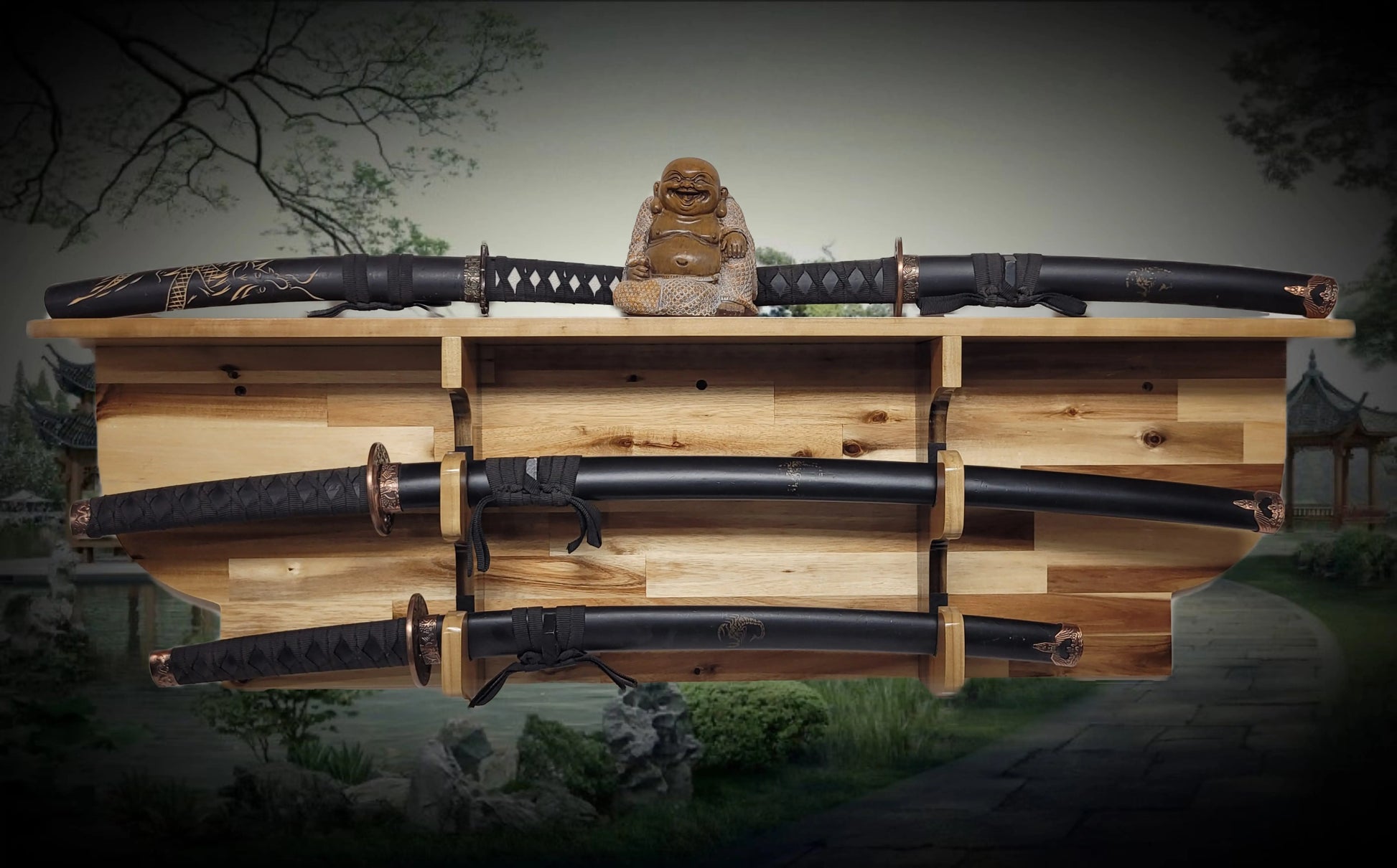 Walker Wood Gifts sword display Traditional 2 Tier Acacia Katana Wall Display Deep Shelf Dojo Collectors Gift
