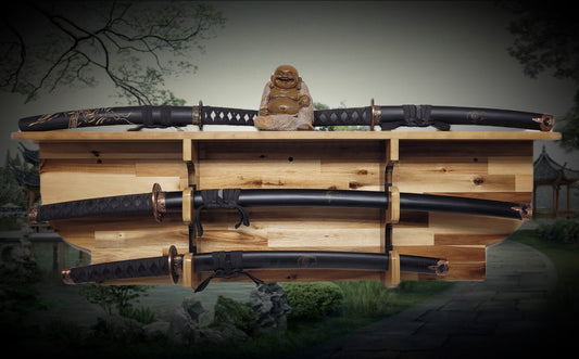Walker Wood Gifts sword display Traditional 2 Tier Acacia Katana Wall Display Deep Shelf Dojo Collectors Gift