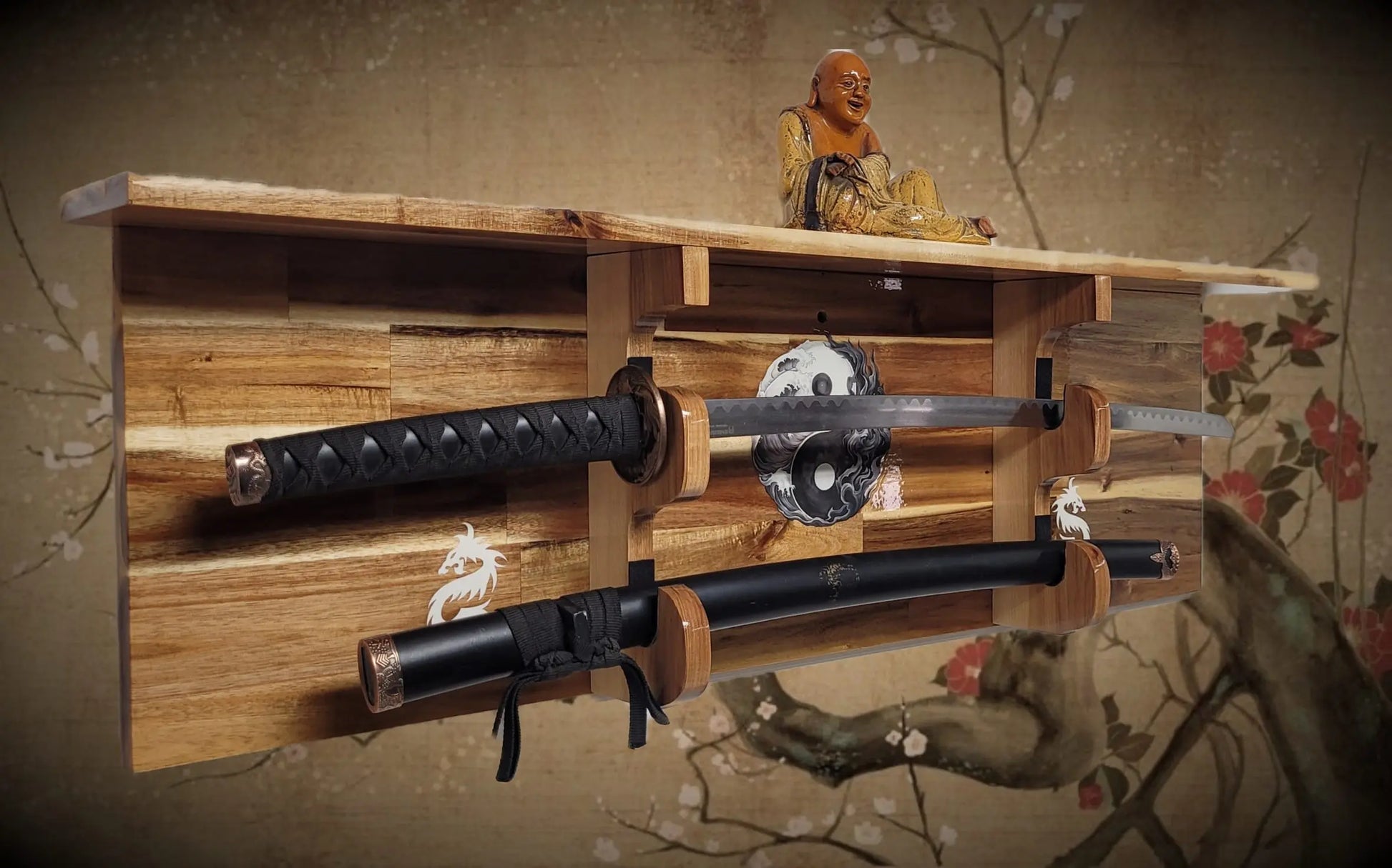 Walker Wood Gifts sword display Traditional 2-Tier Acacia Katana Wall Display Shelf with Yin Yang & White Dragons