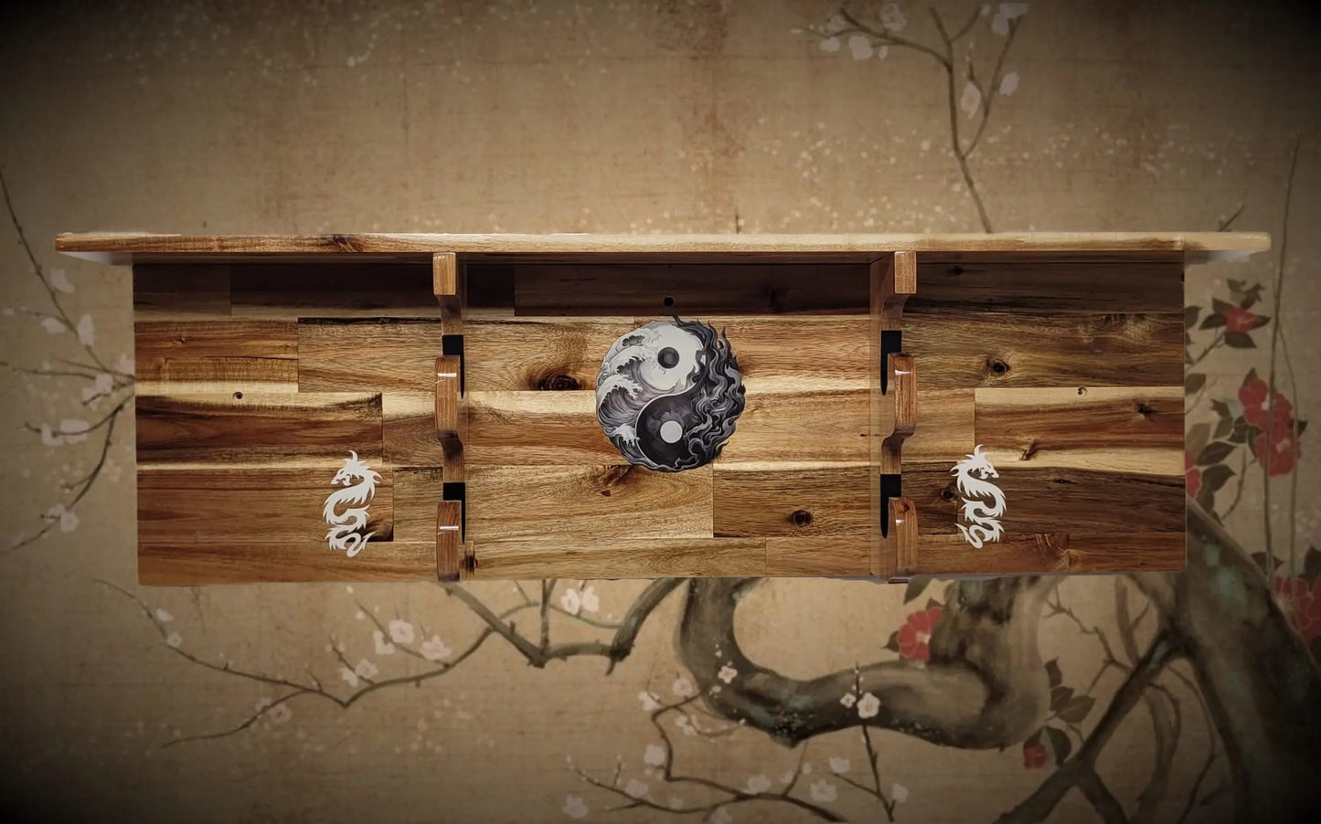 Walker Wood Gifts sword display Traditional 2-Tier Acacia Katana Wall Display Shelf with Yin Yang & White Dragons