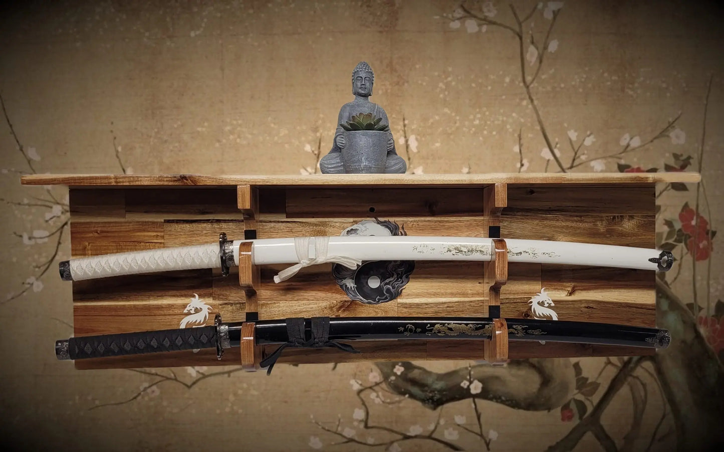 Walker Wood Gifts sword display Traditional 2-Tier Acacia Katana Wall Display Shelf with Yin Yang & White Dragons