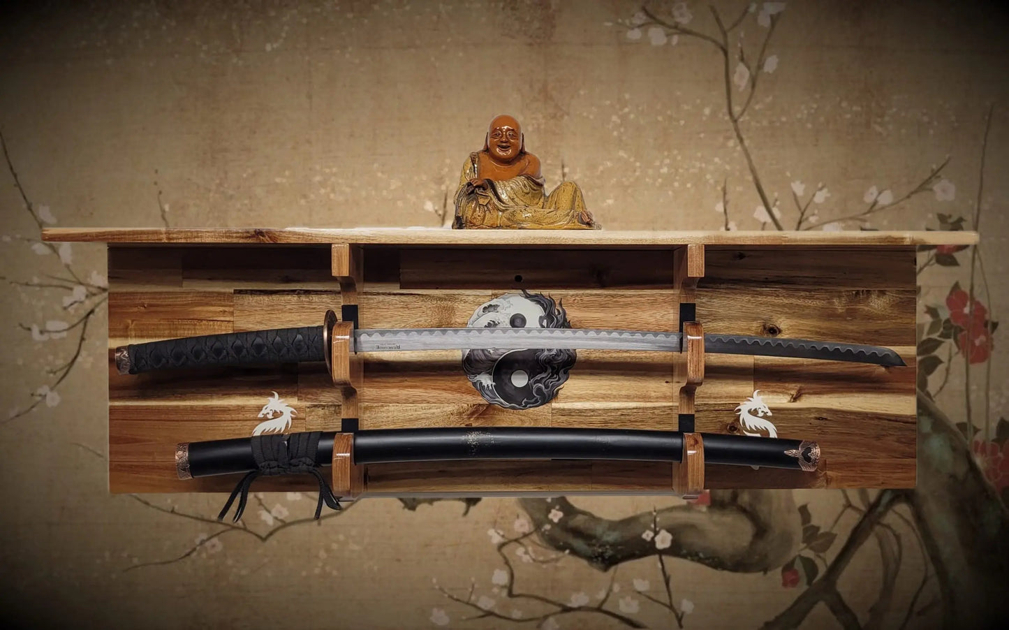 Walker Wood Gifts sword display Traditional 2-Tier Acacia Katana Wall Display Shelf with Yin Yang & White Dragons