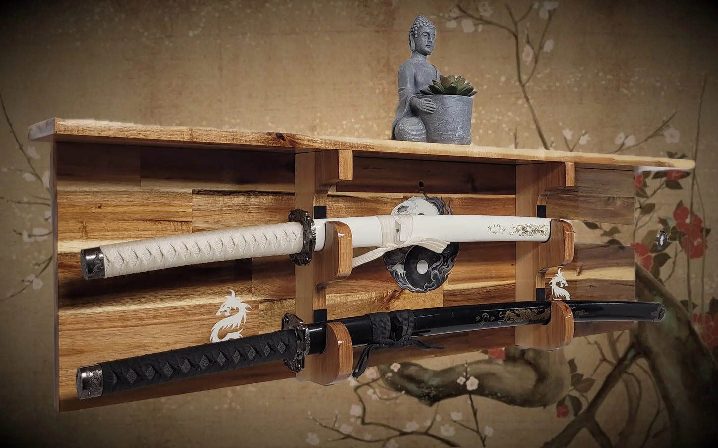 Walker Wood Gifts sword display Traditional 2-Tier Acacia Katana Wall Display Shelf with Yin Yang & White Dragons