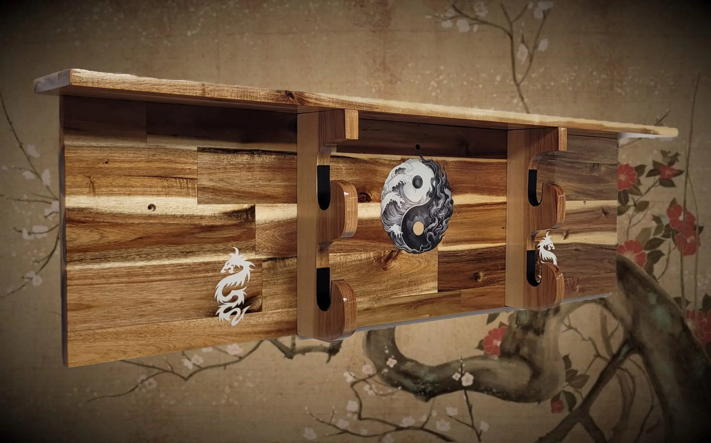 Walker Wood Gifts sword display Traditional 2-Tier Acacia Katana Wall Display Shelf with Yin Yang & White Dragons