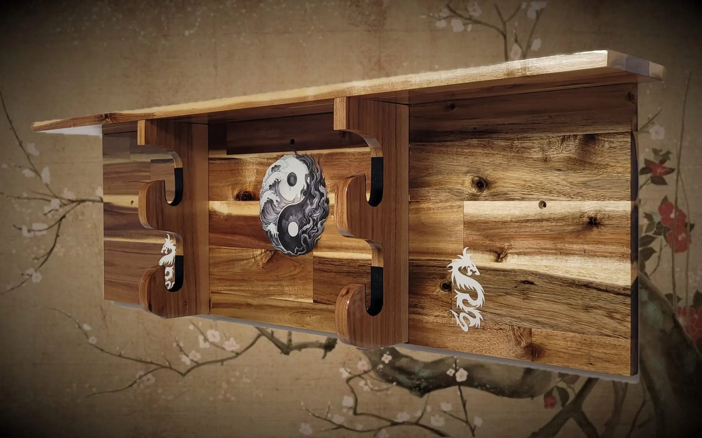 Walker Wood Gifts sword display Traditional 2-Tier Acacia Katana Wall Display Shelf with Yin Yang & White Dragons