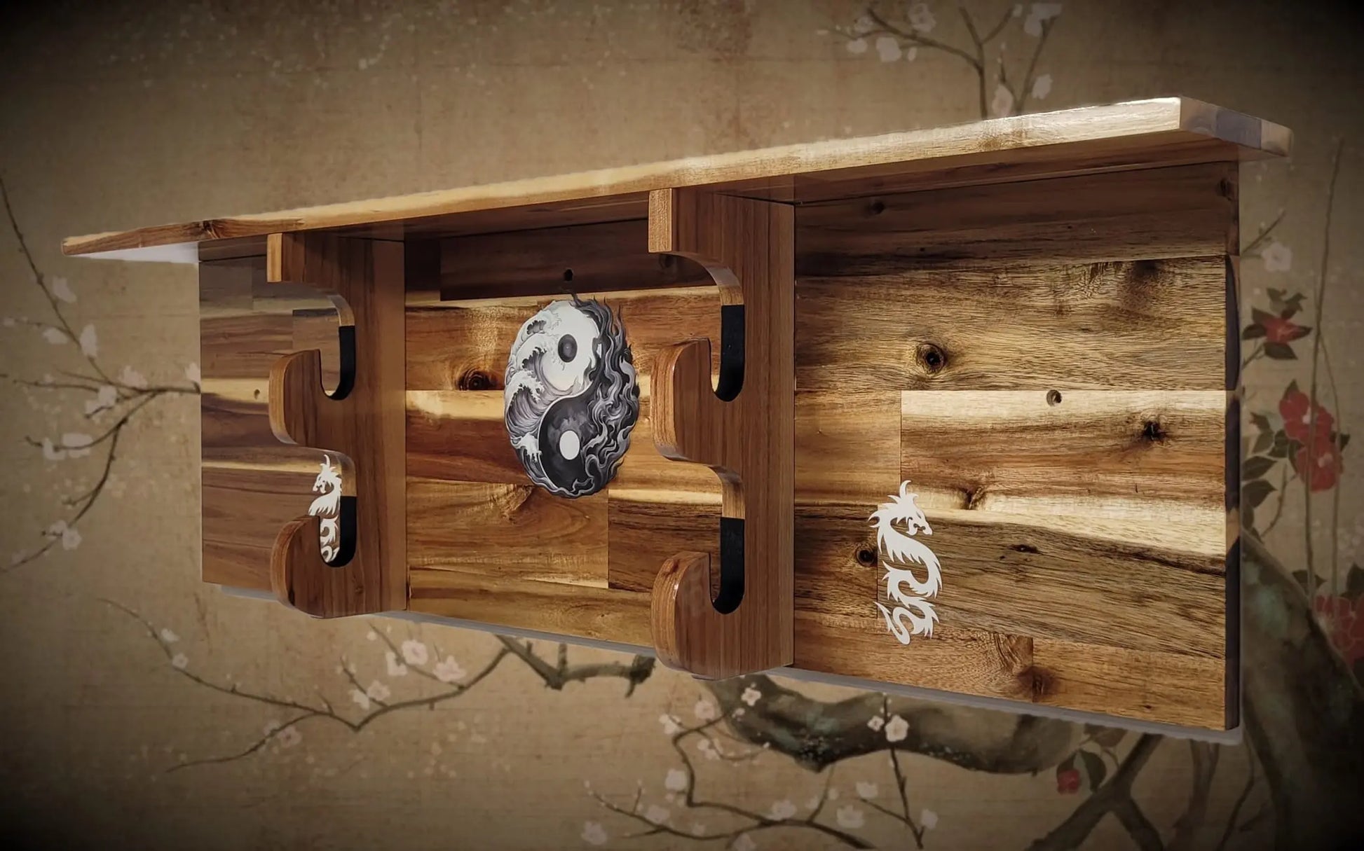Walker Wood Gifts sword display Traditional 2-Tier Acacia Katana Wall Display Shelf with Yin Yang & White Dragons