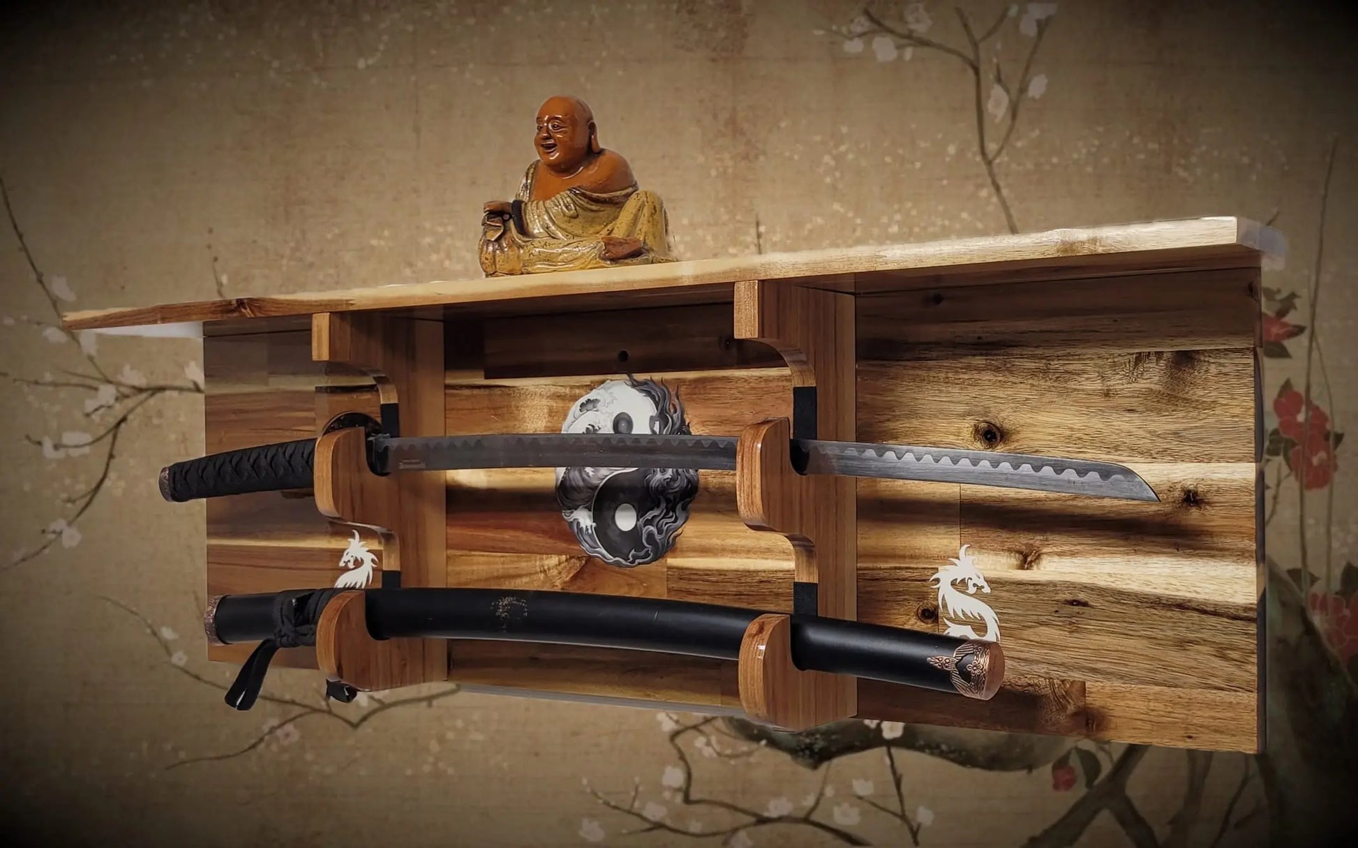 Walker Wood Gifts sword display Traditional 2-Tier Acacia Katana Wall Display Shelf with Yin Yang & White Dragons