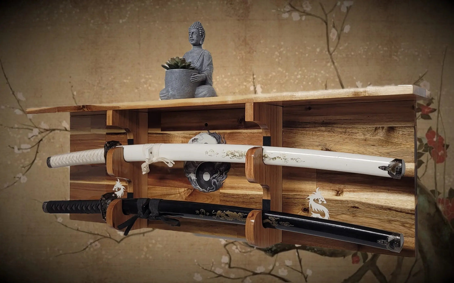 Walker Wood Gifts sword display Traditional 2-Tier Acacia Katana Wall Display Shelf with Yin Yang & White Dragons